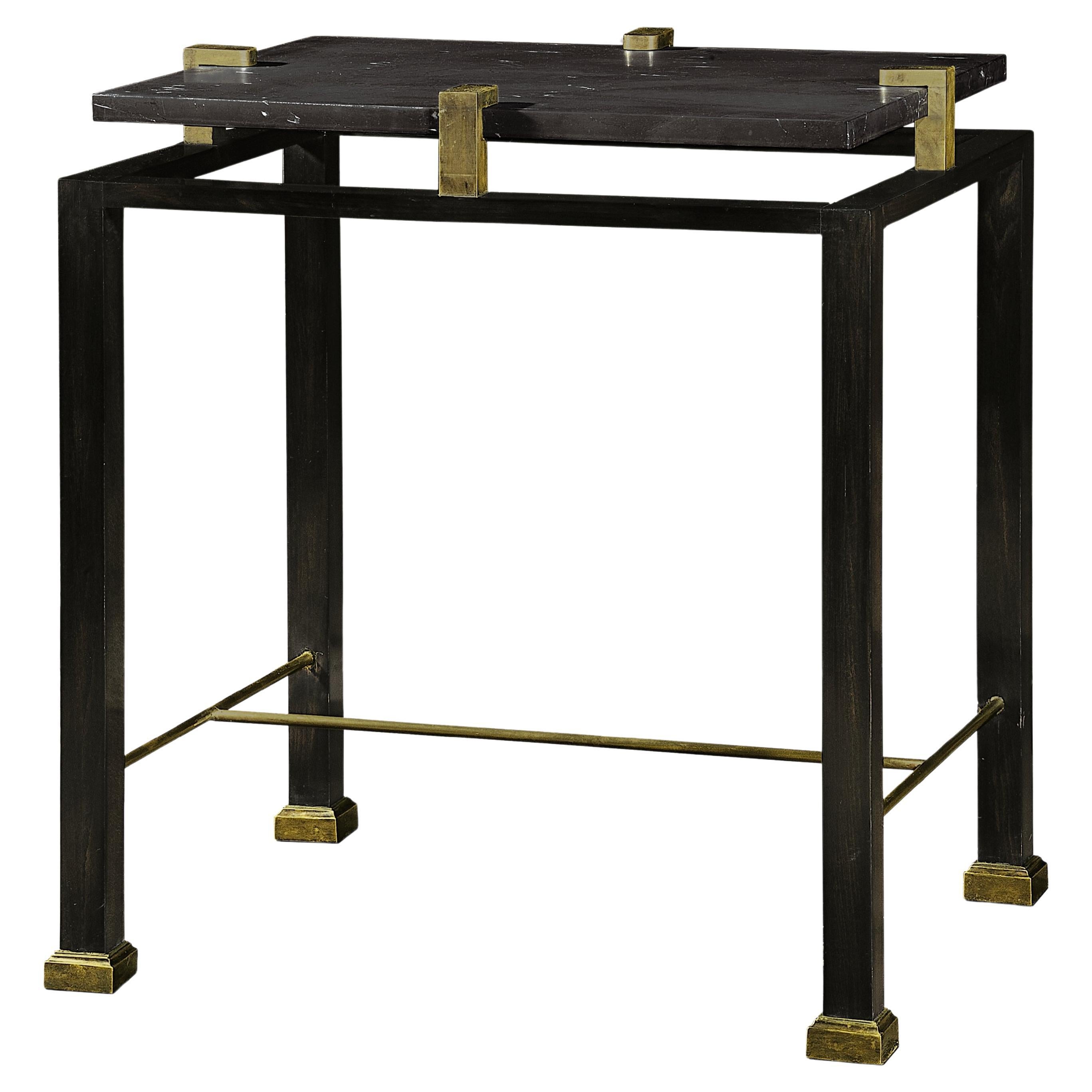 Le Blanc Lamp Table, french 50s style. Ebony base, marble, brass staple & detail