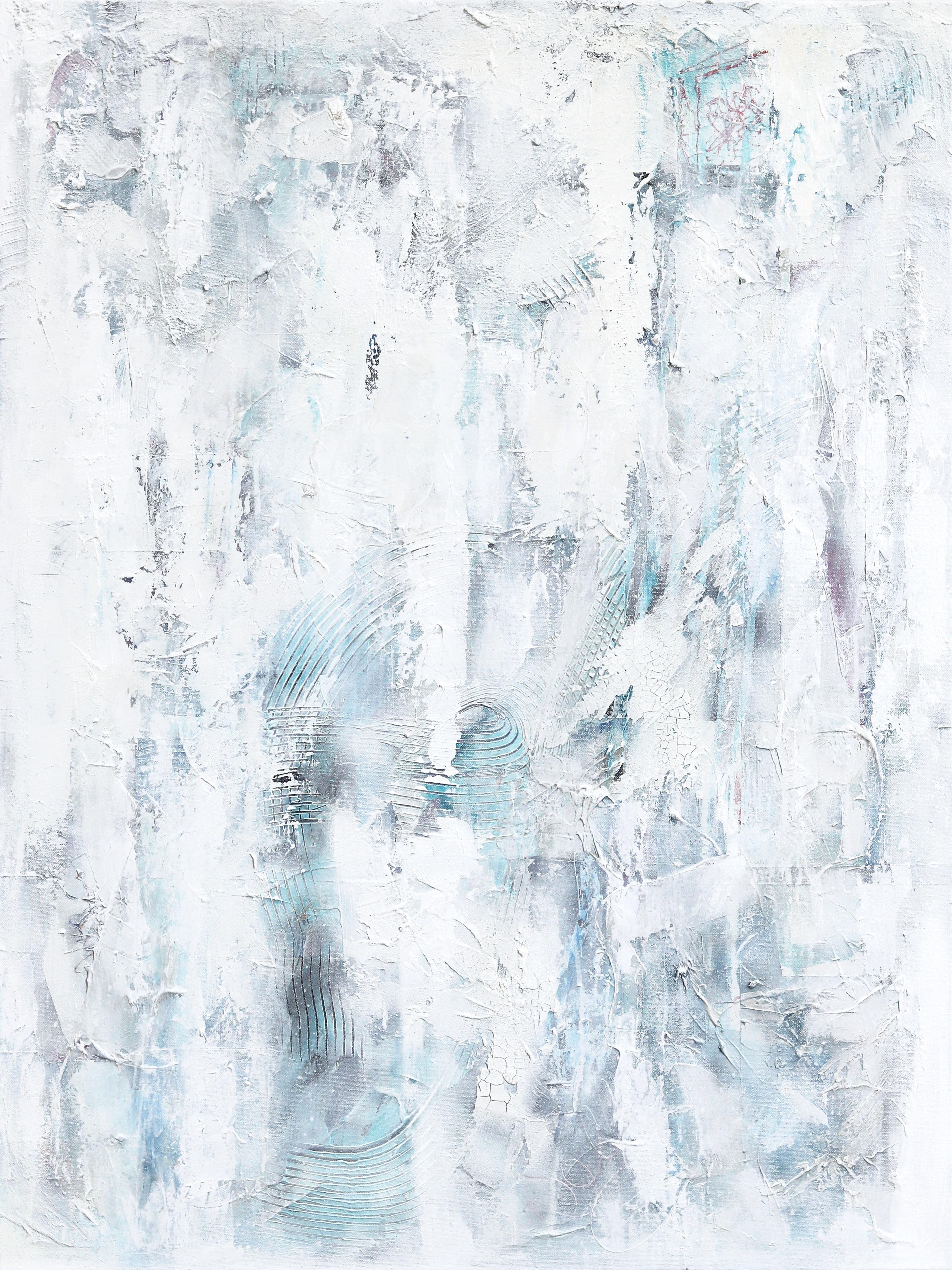 Stormy - Textural Zeitgenössische Abstrakte Minimalistische Blaue Töne Malerei auf Leinwand – Mixed Media Art von LE BohemianMuse
