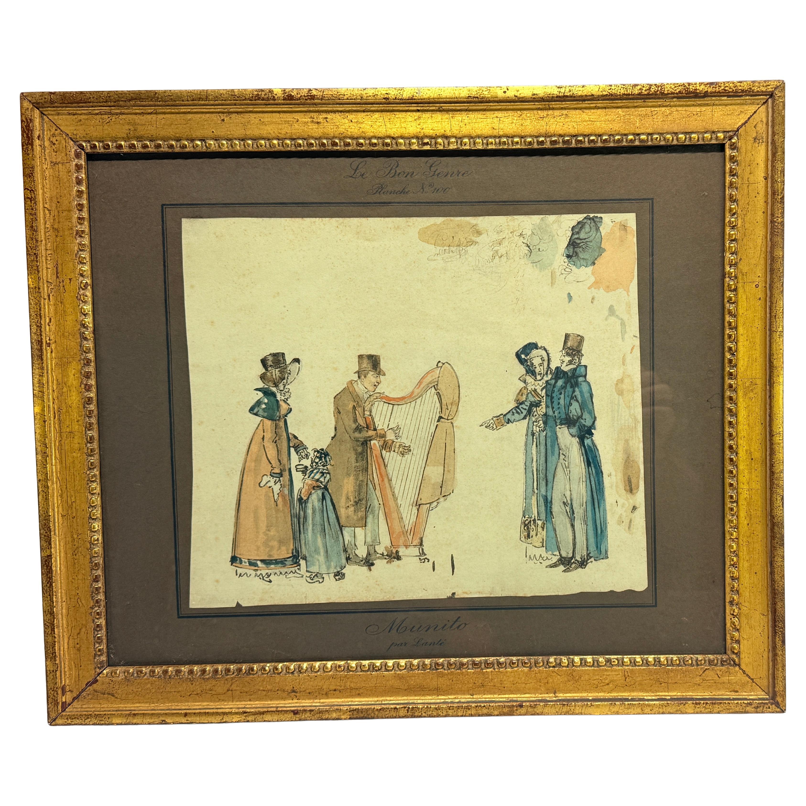 Le Bon Genre, Planche No. 100: "Mounito" by Louis-Marie Lanté 19th C. Watercolor