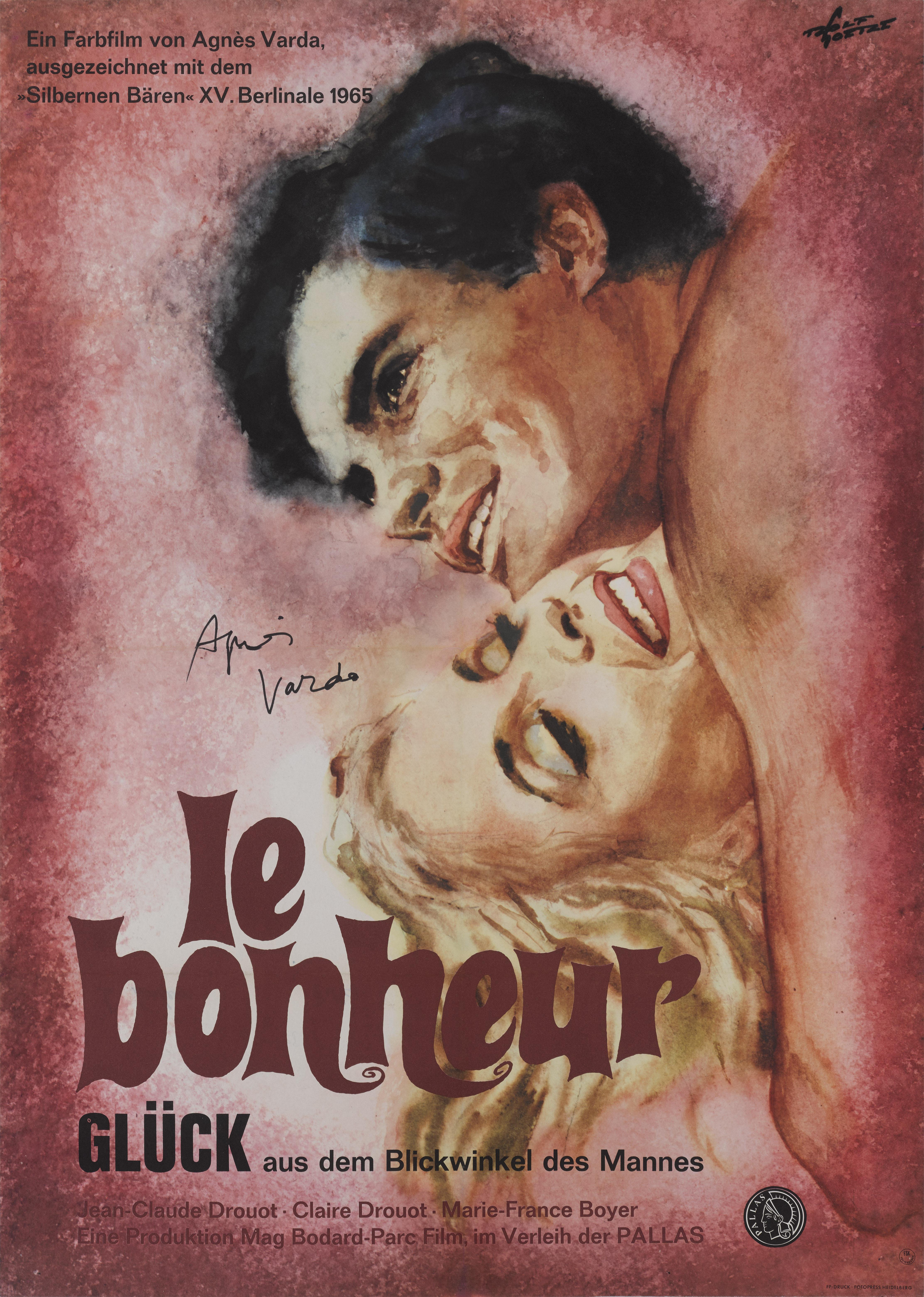 Original German film poster for the 1965 French New Wave film Le Bonheur (happiness) the film was directed by Agnès Varda and starring Jean-Claude Drouot, Marie-France Boyer and Marcelle Faure-Bertin. It is the story of a happily married young