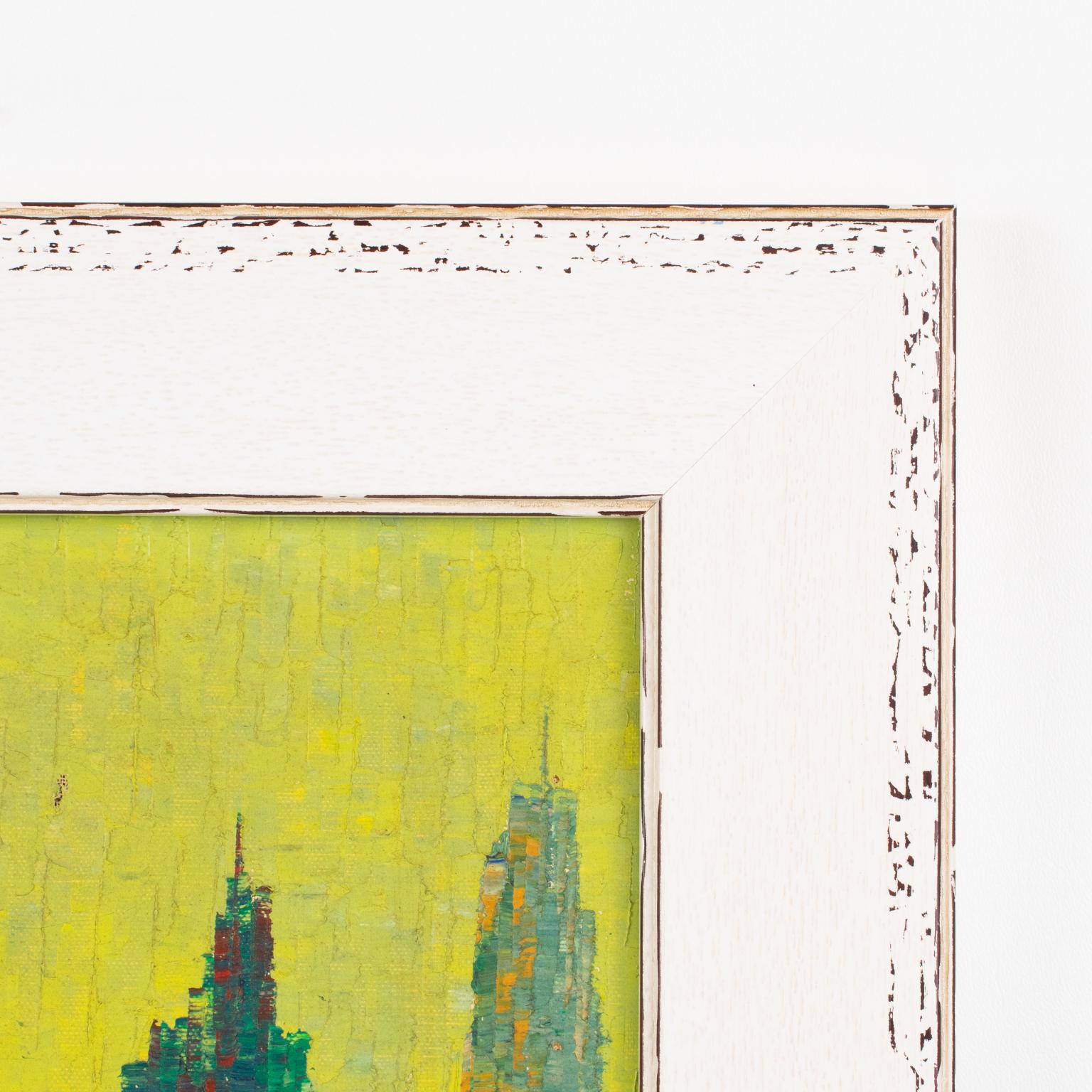 Pointillismus-Wolkenkratzer Stadtlandschaft, Öl auf Leinwand, Gemälde von Le Boreux im Angebot 13