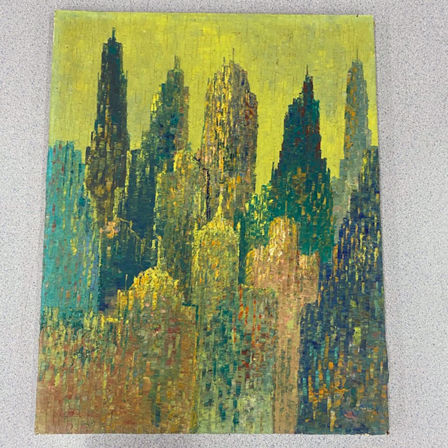 Pointillism Skyscrapers Cityscape Oil on Canvas Painting by Le Boreux For Sale 13