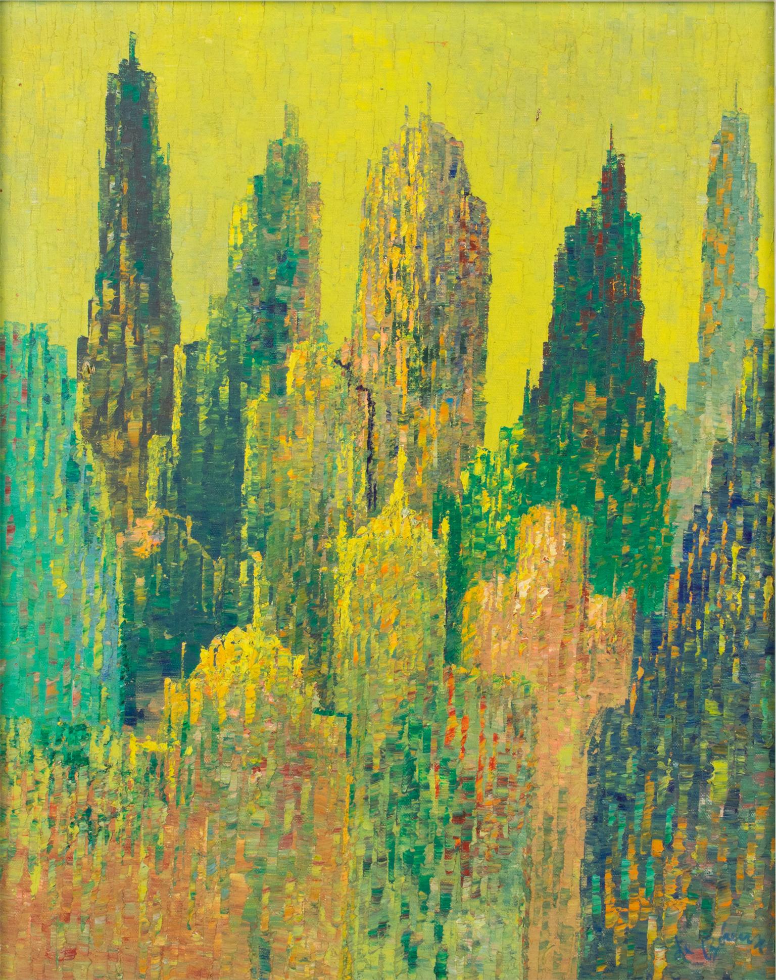 Pointillismus-Wolkenkratzer Stadtlandschaft, Öl auf Leinwand, Gemälde von Le Boreux im Angebot 3