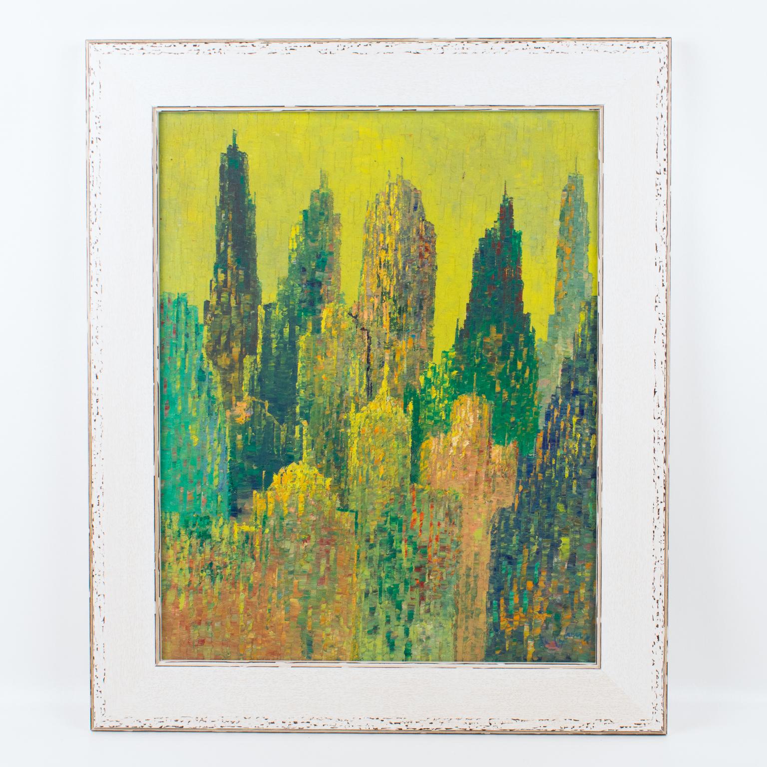Pointillism Skyscrapers Cityscape Pittura olio su tela di Le Boreux in vendita 4