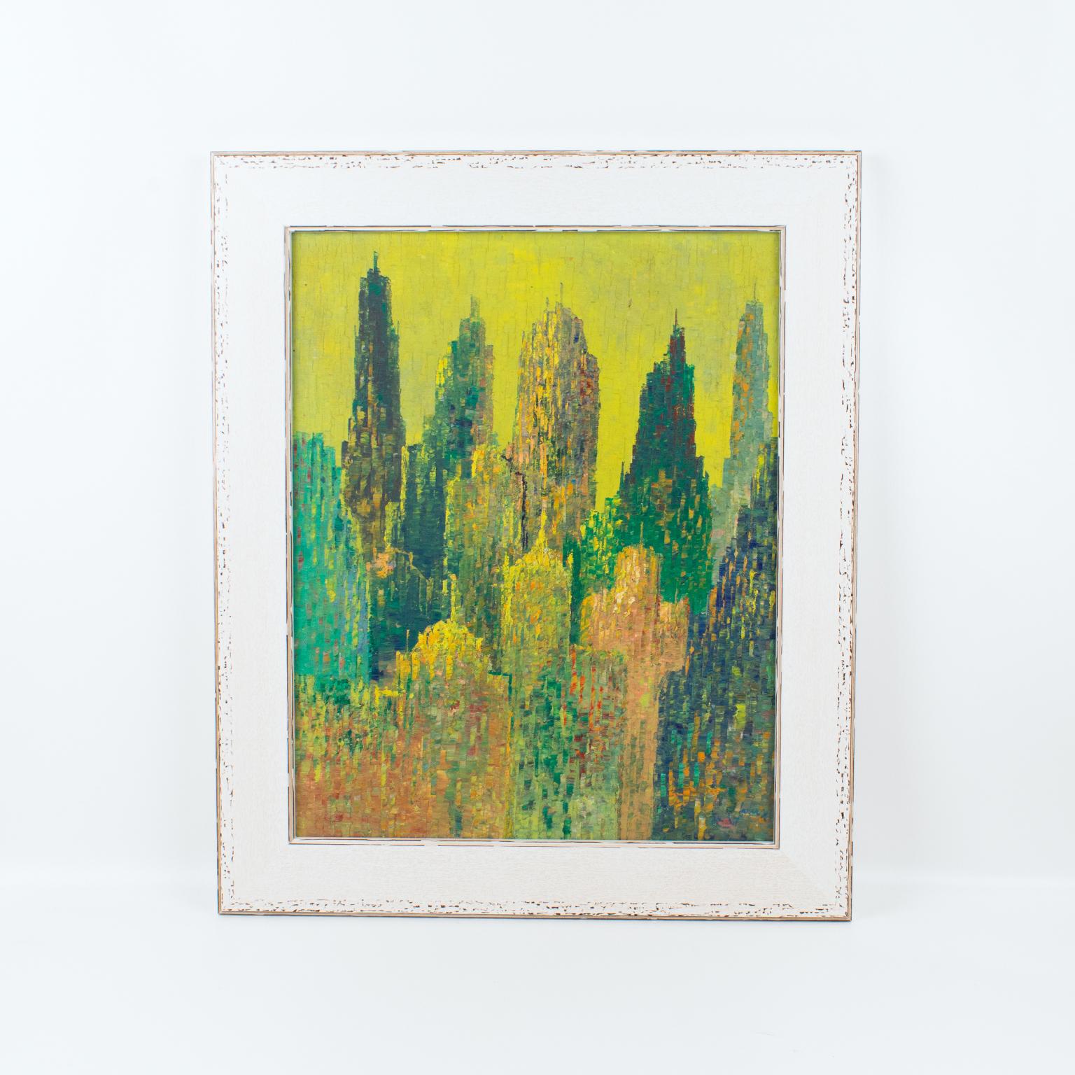 Pointillism Skyscrapers Cityscape Pittura olio su tela di Le Boreux in vendita 6