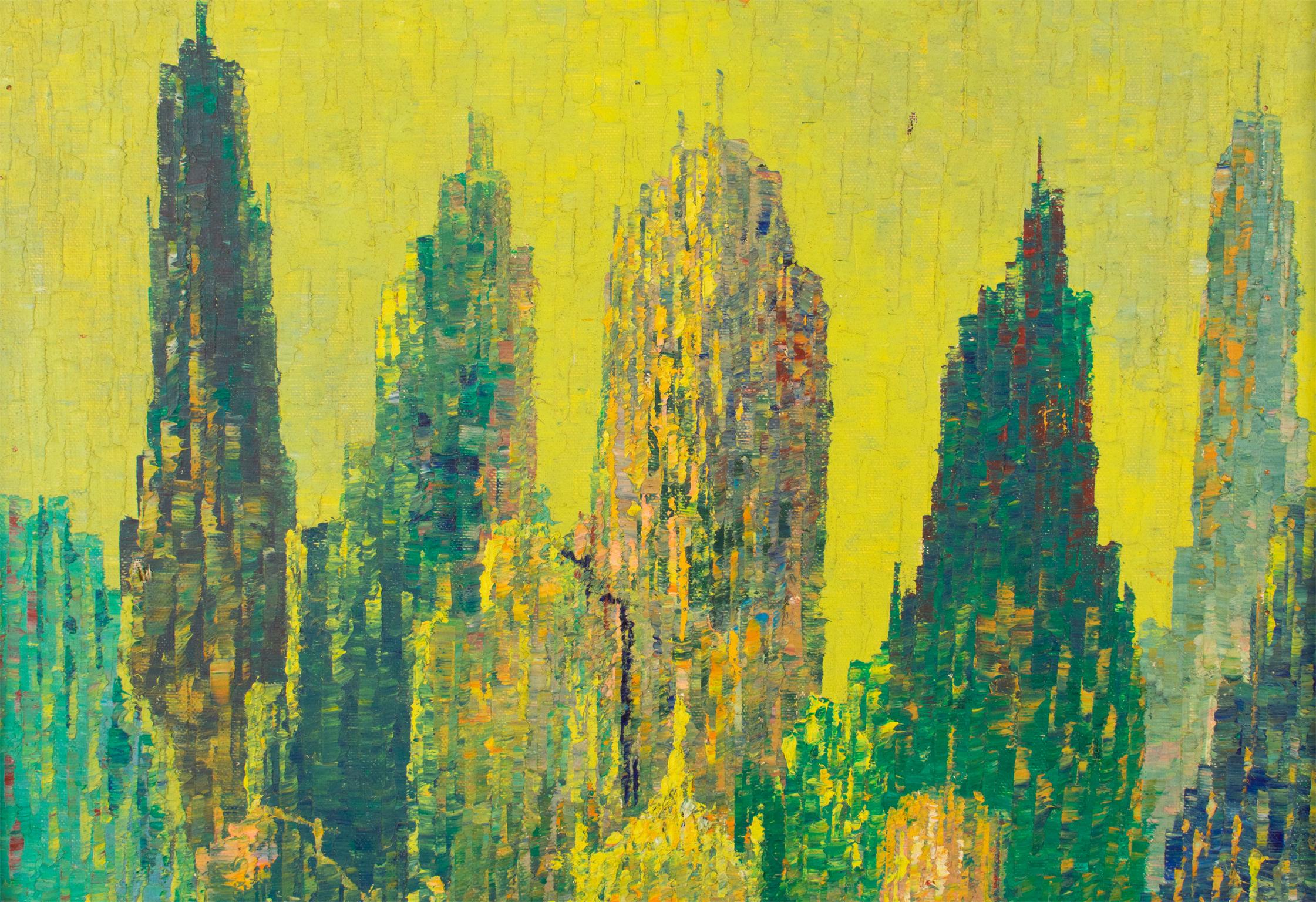 Pointillism Skyscrapers Cityscape Pittura olio su tela di Le Boreux in vendita 8