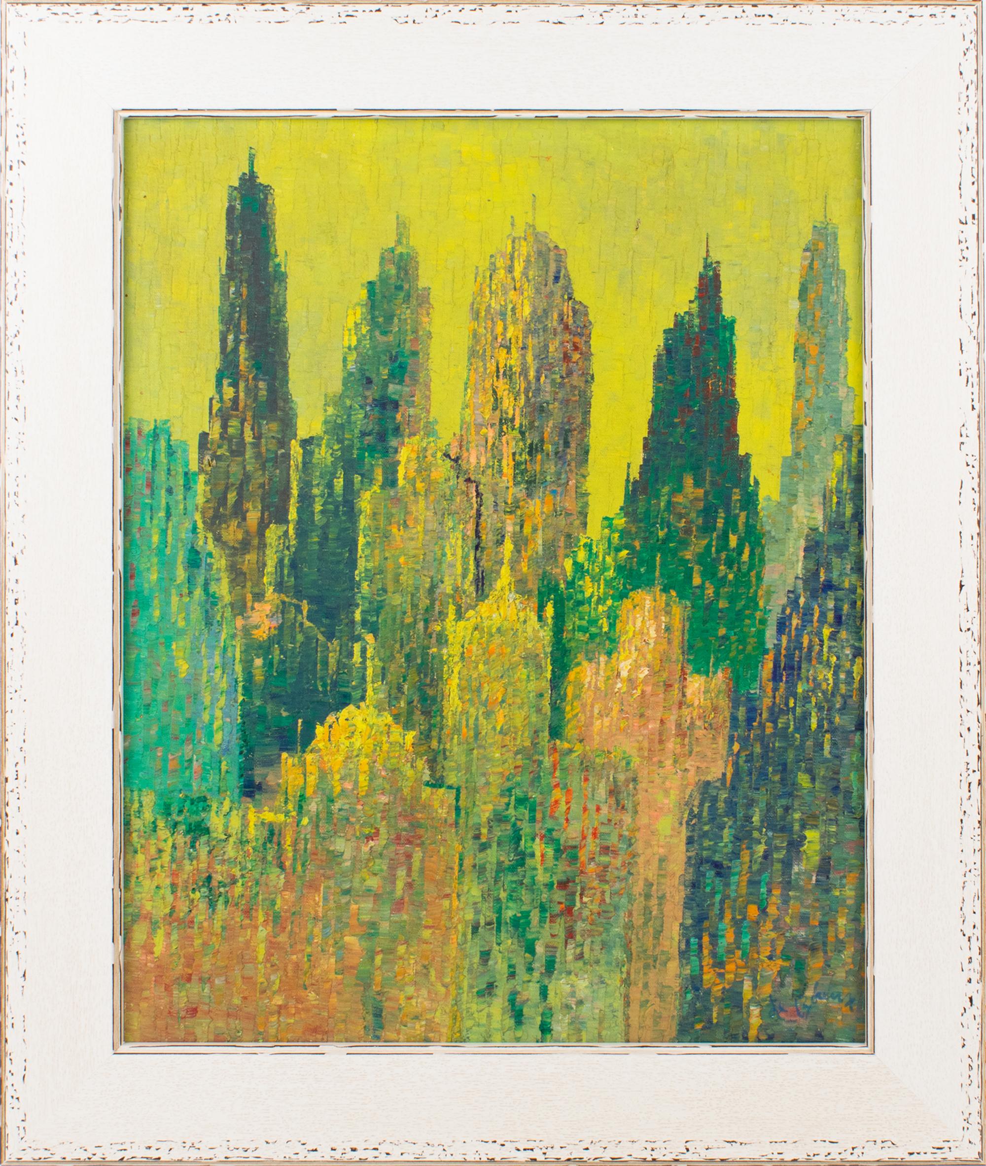Questo olio su tela dell'artista francese Le Boreux (20° secolo), un affascinante paesaggio urbano astratto del Mid-Century Modern, mostra una fusione dinamica di architettura brutalista e tecnica puntinista. La composizione esplode di colore ed