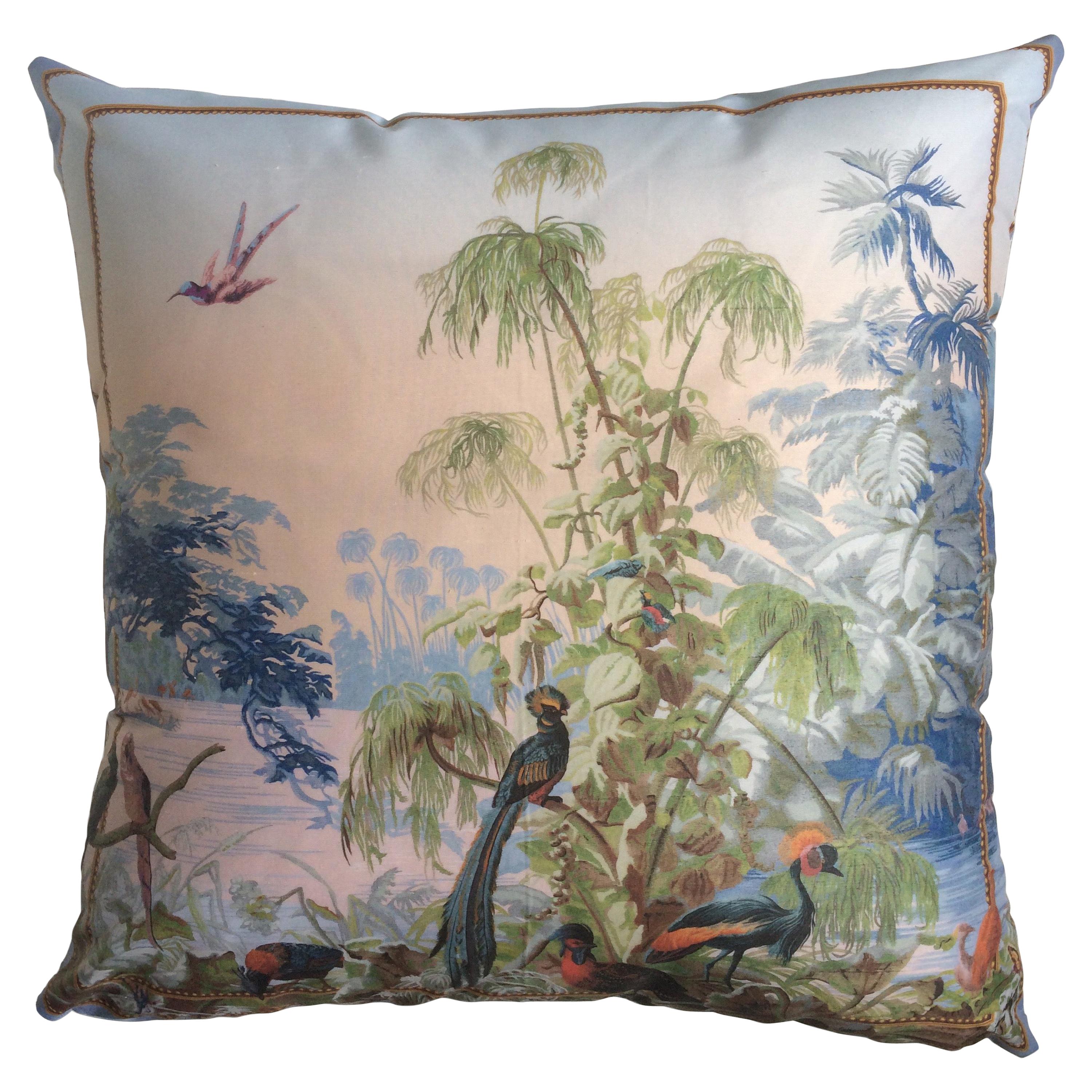 "Le Bresil Birds" Silk Throw Pillow by Zuber For Sale