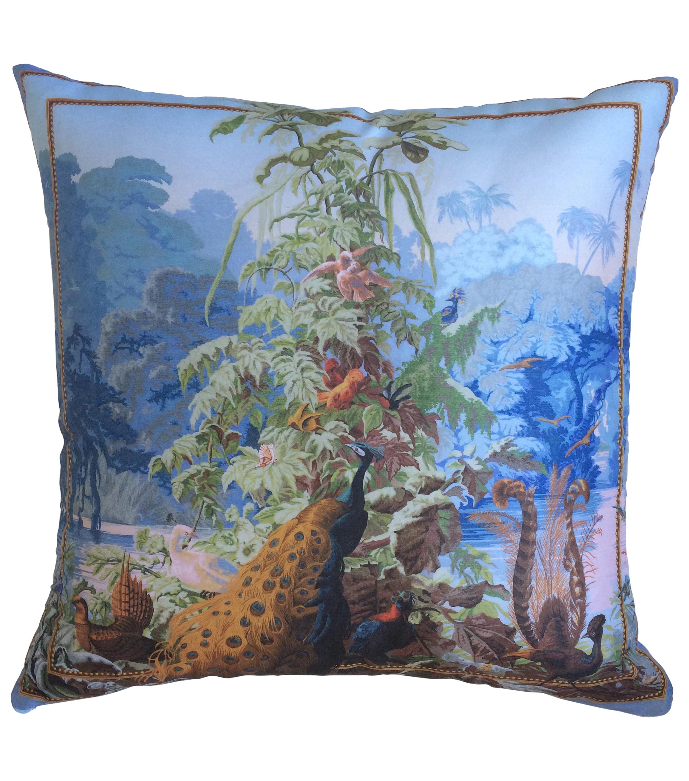 "Le Bresil" Peacock Silk Throw Pillow in Blue by Zuber For Sale