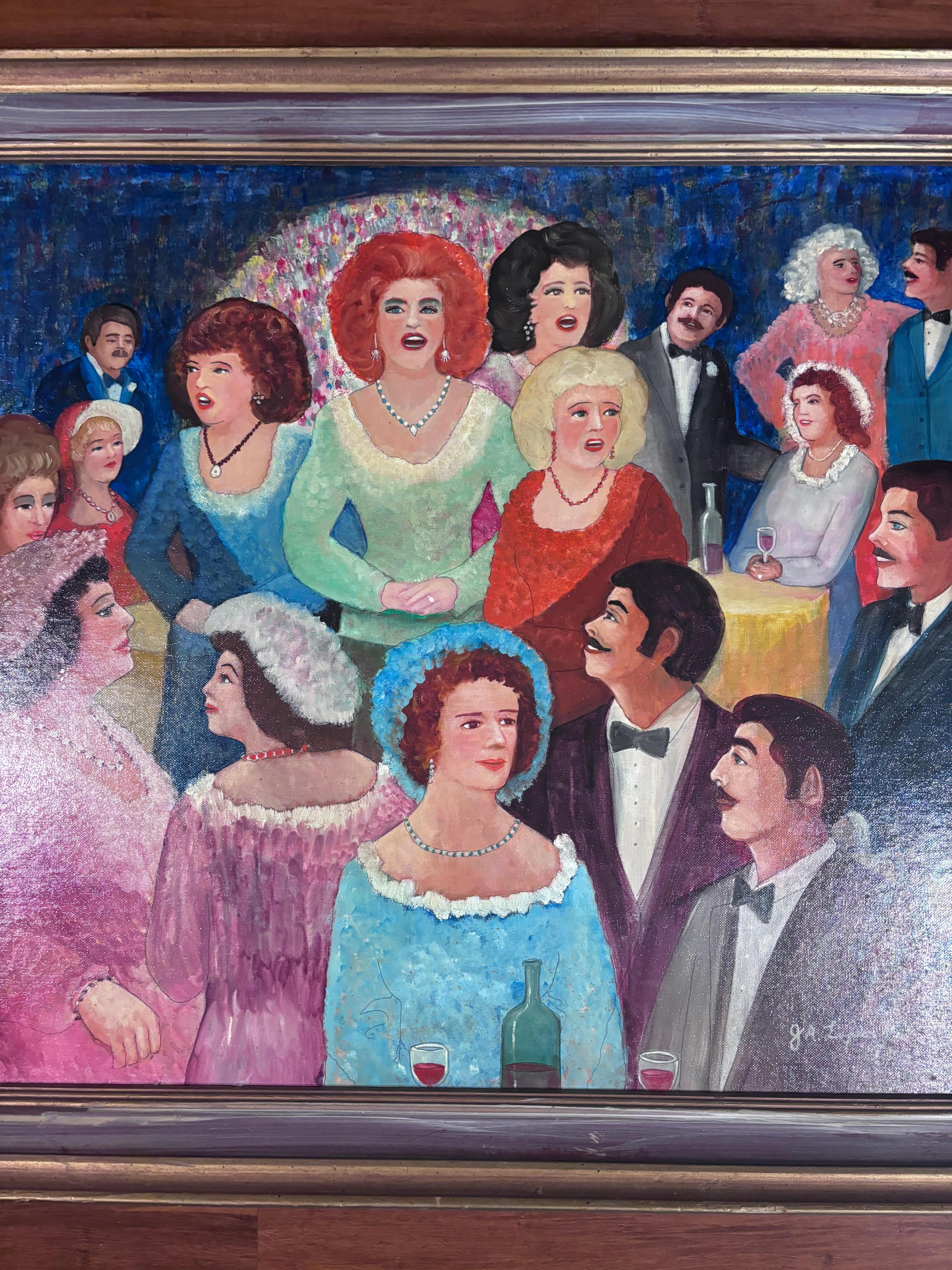 Hand-Painted Le Cage Au Folle Unique Painting Self Taught Folk Artist Gloria Laposka 1987 For Sale