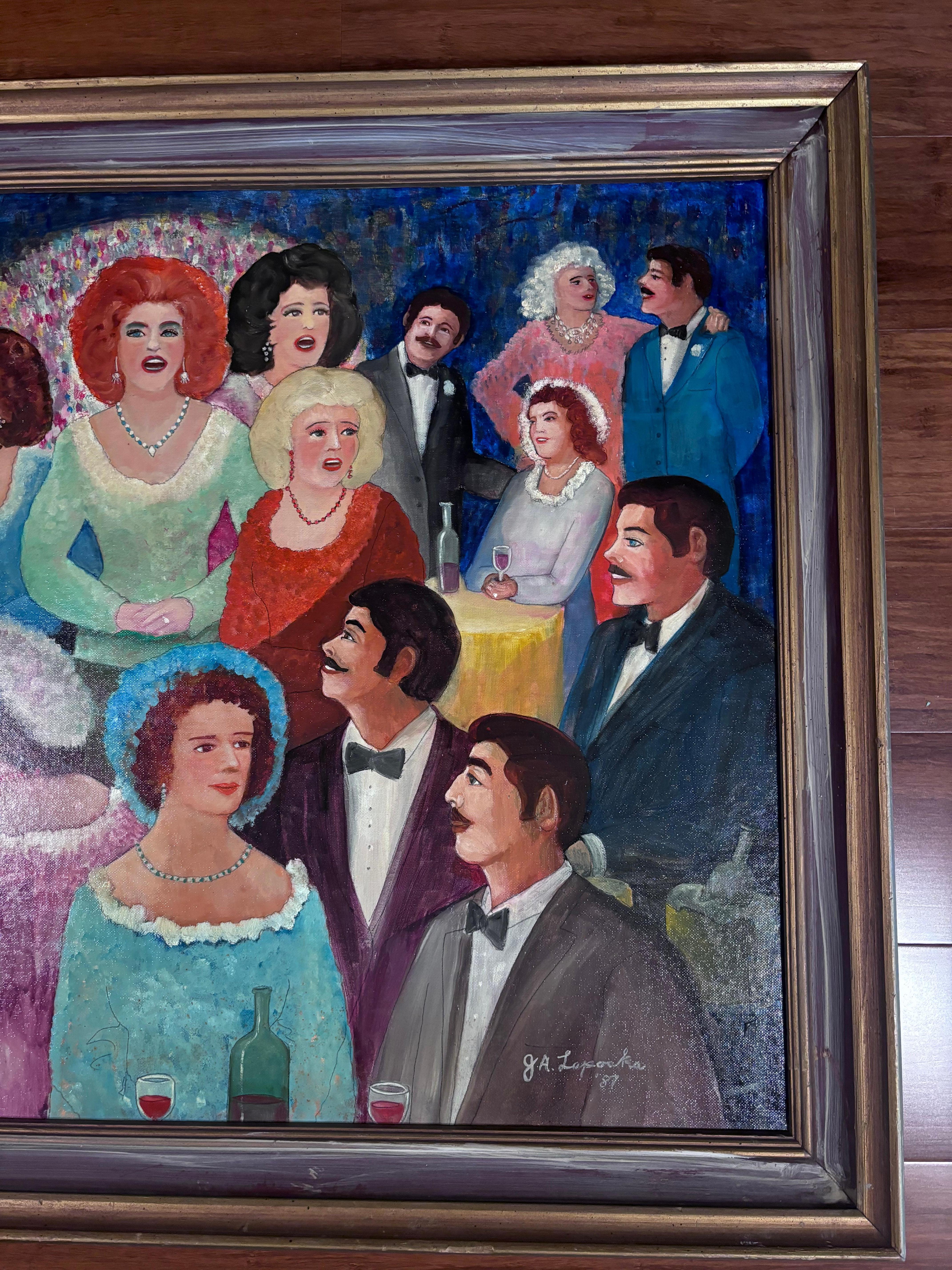 Le Cage Au Folle Unique Painting Self Taught Folk Artist Gloria Laposka 1987 In Good Condition For Sale In South Burlington, VT