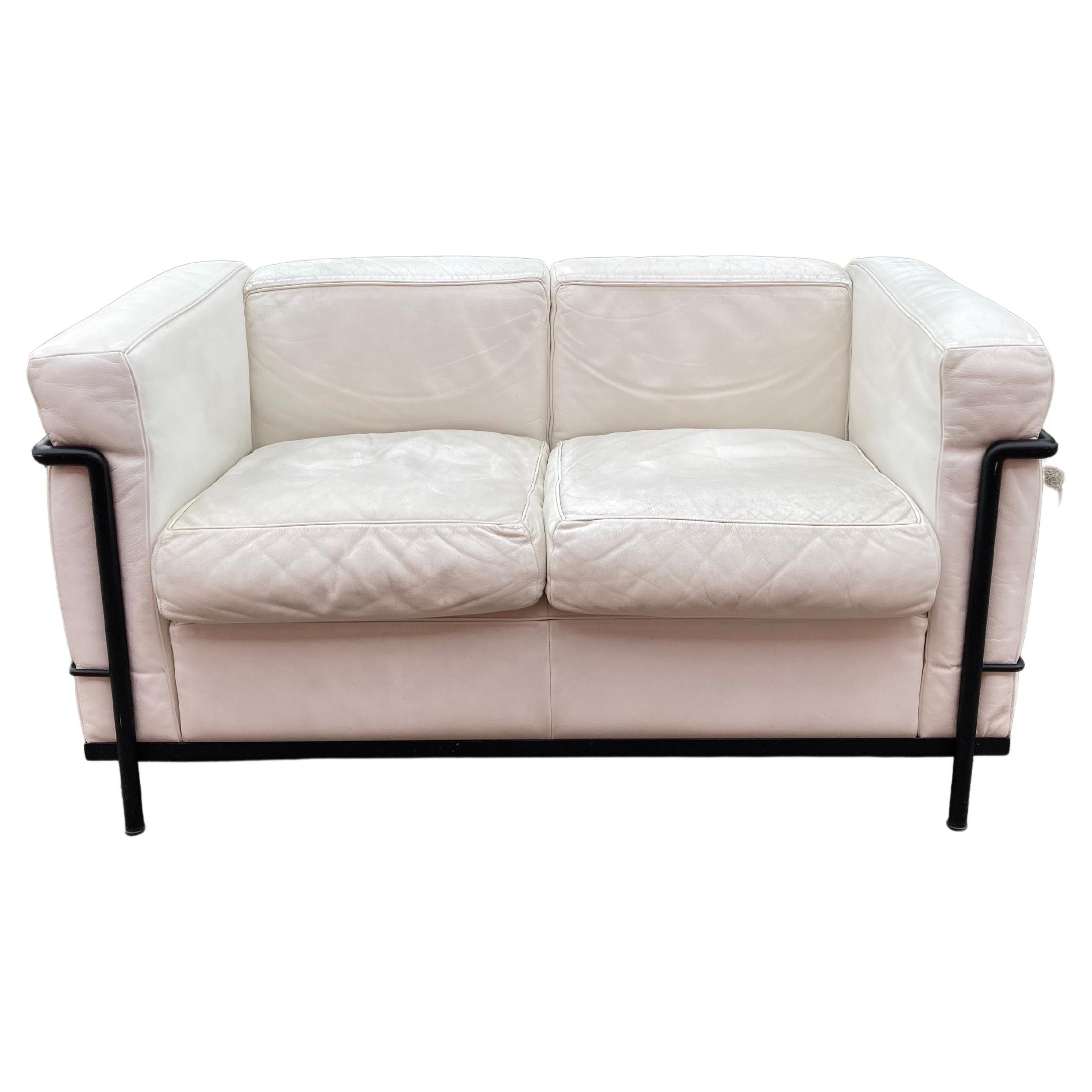 Le Corbusier 2 Seater LC2 Vintage White Leather Sofa by Cassina
