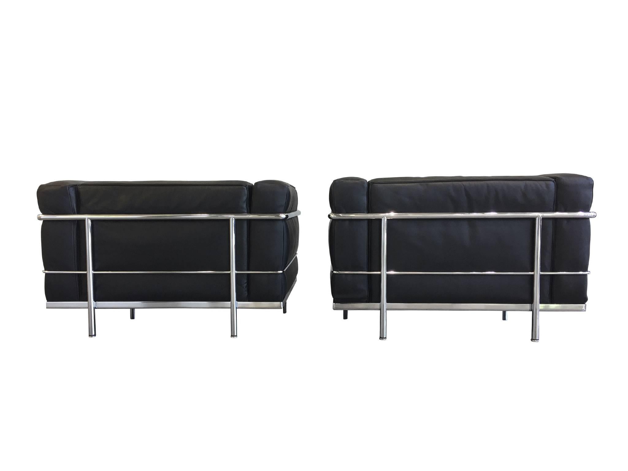 Le Corbusier Black Leather Sofa and Club Chairs by Cassina, Signed 1