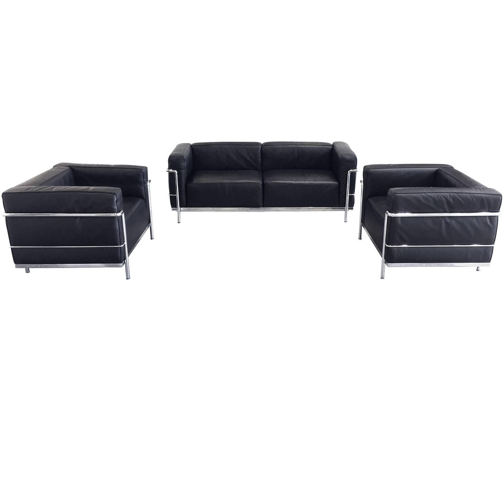 Le Corbusier Black Leather Sofa and Club Chairs by Cassina, Signed