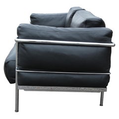 Le Corbusier Black Leather Sofa with Tubular Steel Frame by Gordon International