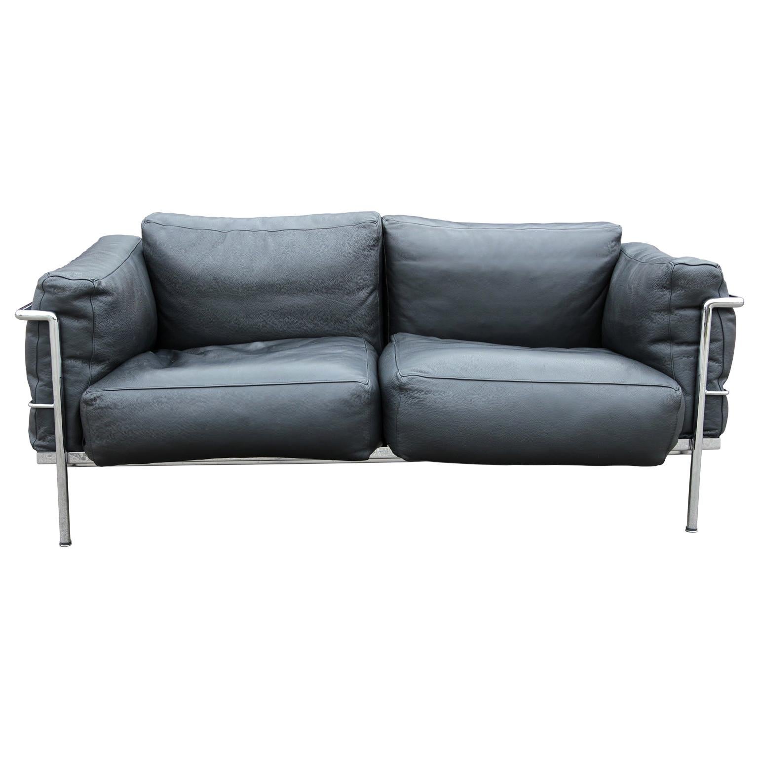 Le Corbusier Black Leather Sofa with Tubular Steel Frame by Gordon International