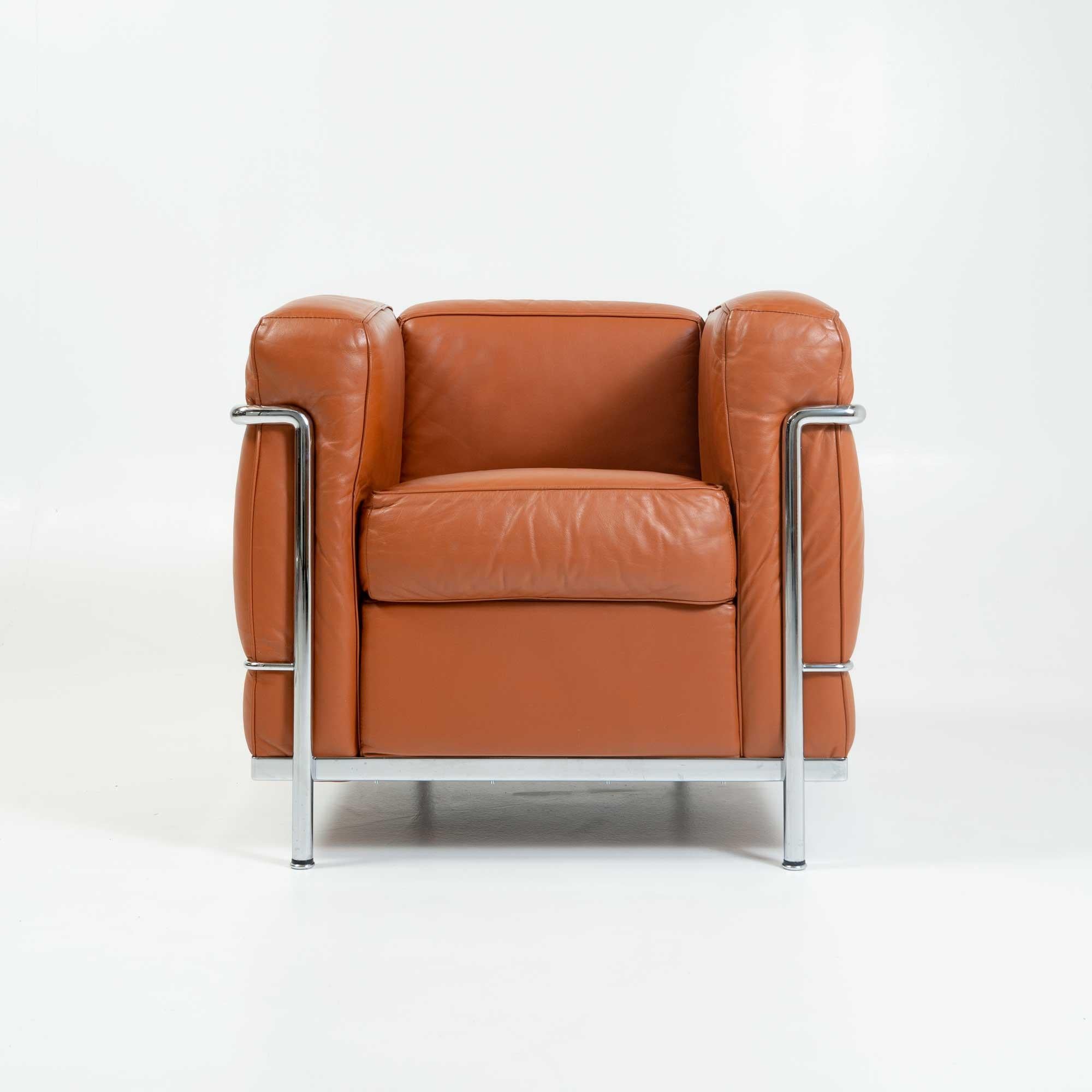 Great condition LC2 Petite Modele Armchair Designed by Le Corbusier, Pierre Jeanneret, Charlotte Perriand, produced by Cassina, in original brown leather cushions and chrome frame. The armchair is in great condition overall, very minor wear to the