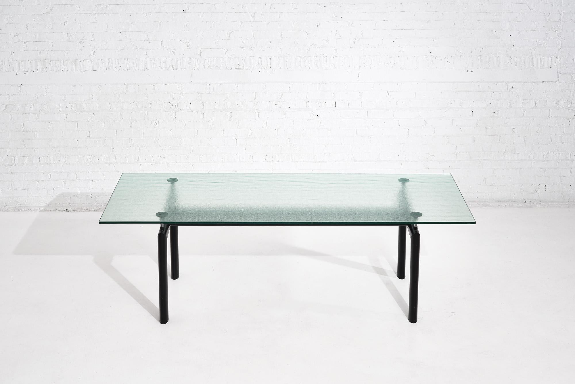 Le Corbusier Cassina LC6 dining table, 1980’s. Original black metal and vintage textured glass. Designed in 1928 by Le Corbusier, Pierre Jeanneret and Charlotte Perriand.