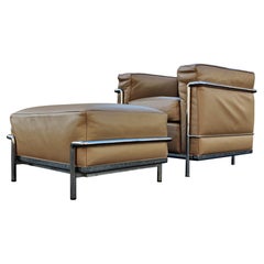 Le Corbusier - Cassina Gray Beige Petit Confort LC2 Club Lounge Chair + Ottoman