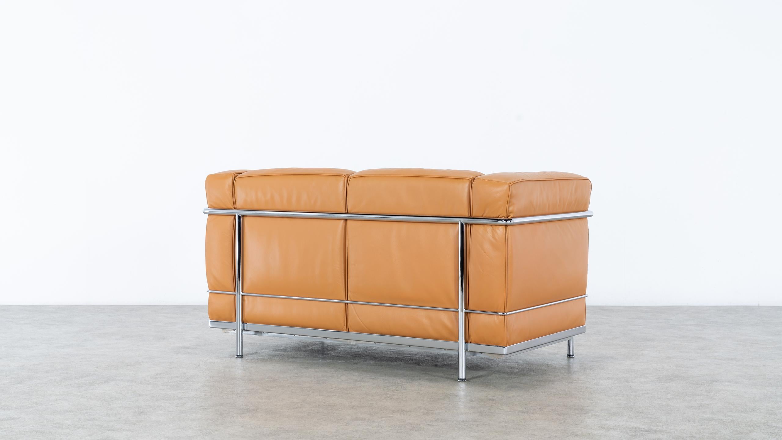 Italian Le Corbusier Ch. Perriand LC2 Sofa Cassina in Cognac Leather, Signed & Stamped