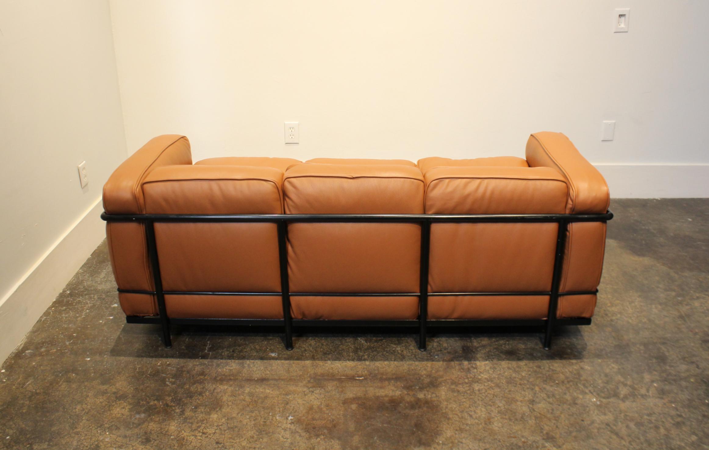 Enameled Le Corbusier for Cassina LC2 3-Seat Sofa in Brown Leather