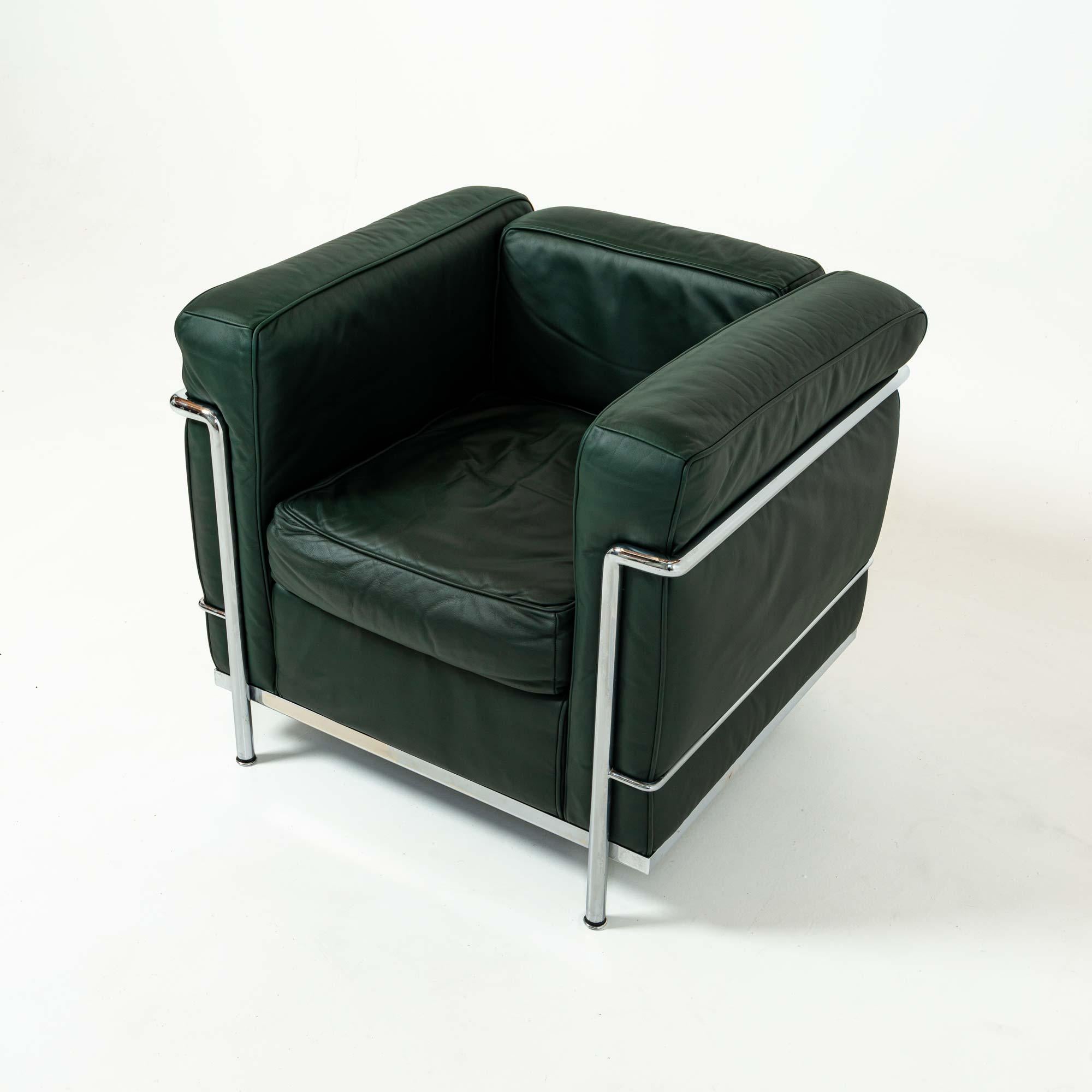 Italian Le Corbusier for Cassina LC2 Petite Modele Armchair Midnight Green Leather For Sale