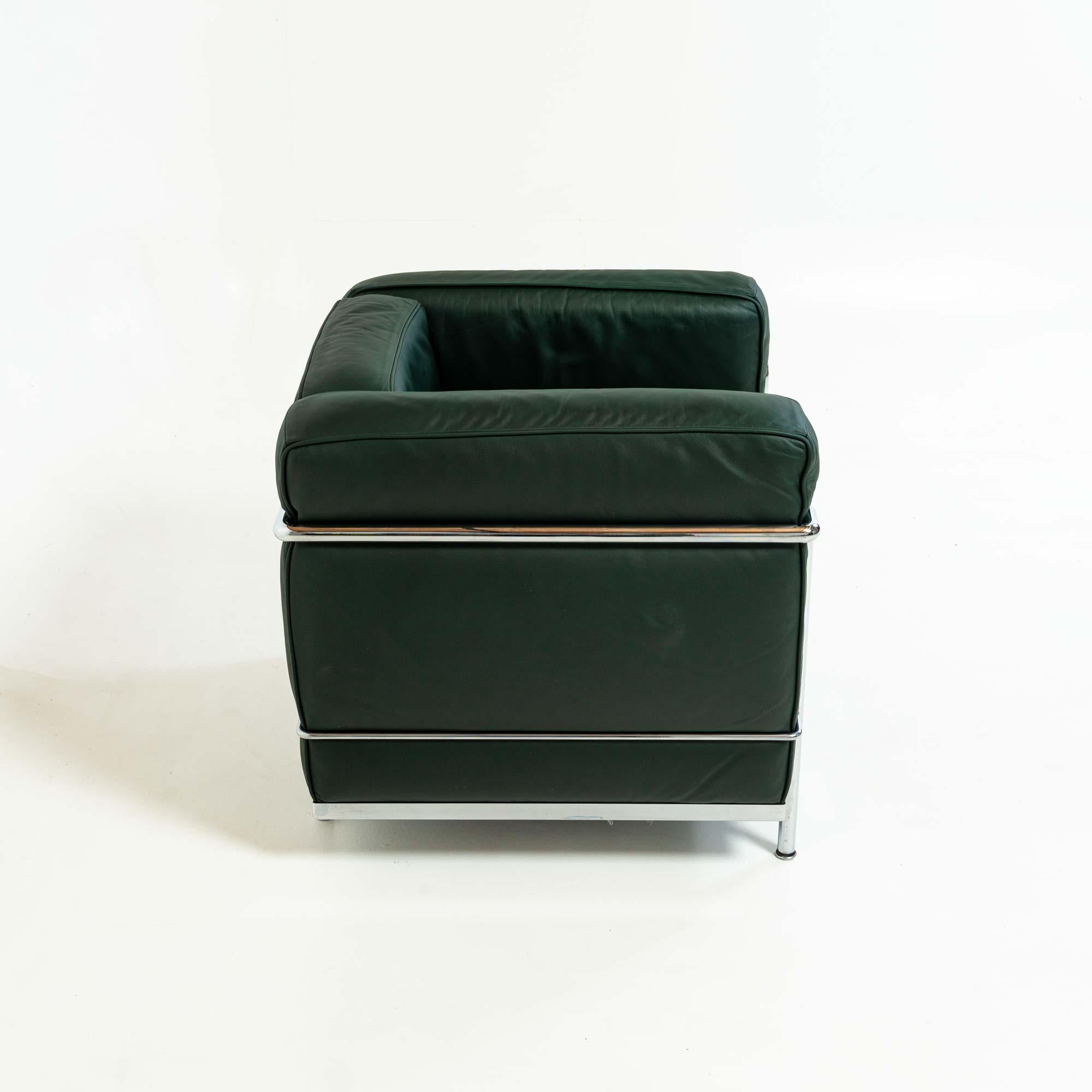 Contemporary Le Corbusier for Cassina LC2 Petite Modele Armchair Midnight Green Leather For Sale