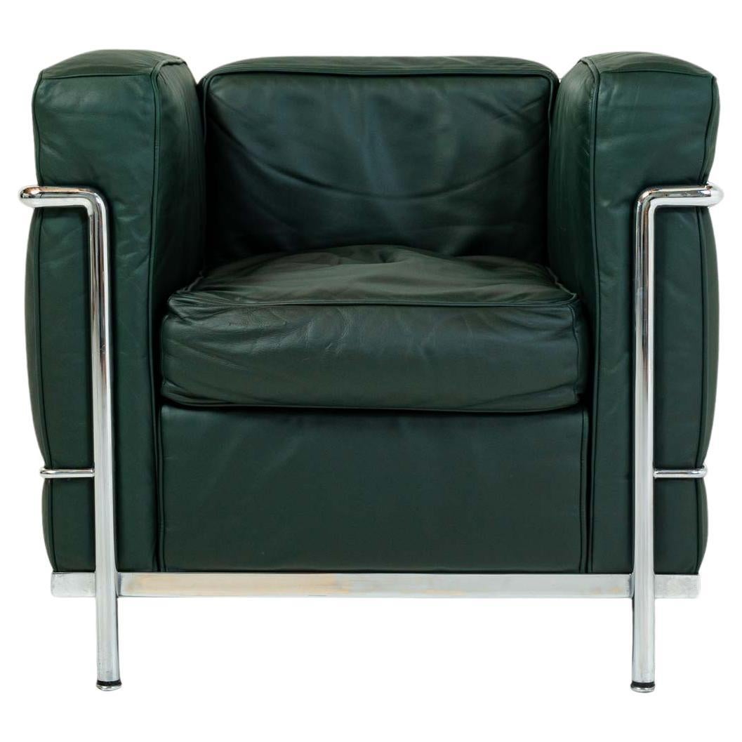 Le Corbusier for Cassina LC2 Petite Modele Armchair Midnight Green Leather For Sale