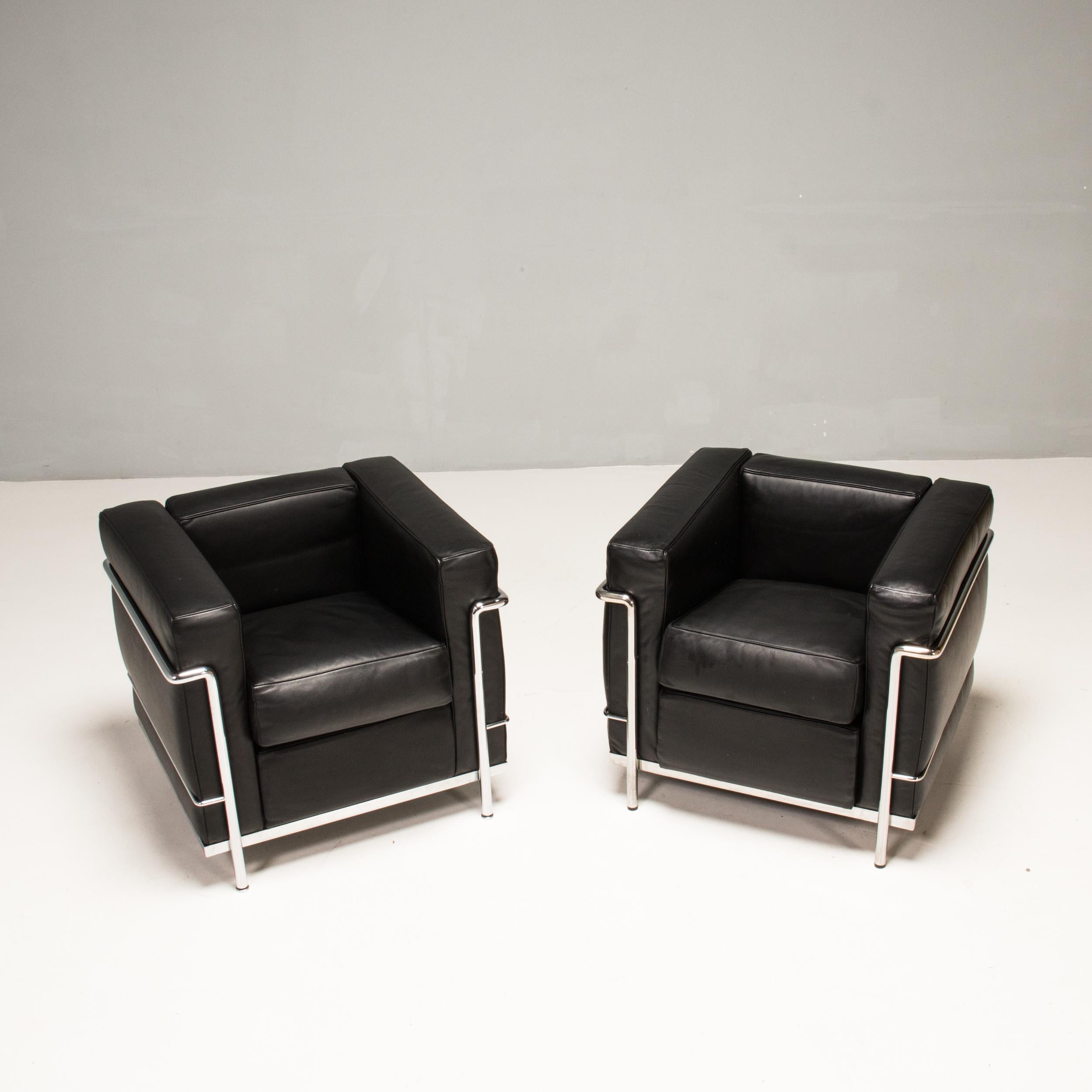 Art Deco Le Corbusier for Cassina LC2 Black Leather Armchairs, Set of 2