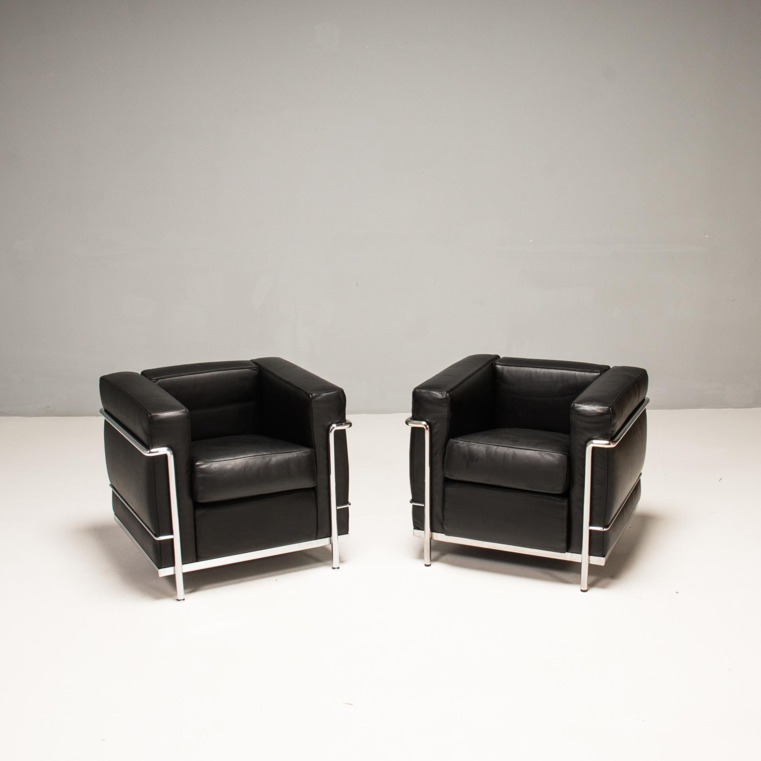 Italian Le Corbusier for Cassina LC2 Black Leather Armchairs, Set of 2