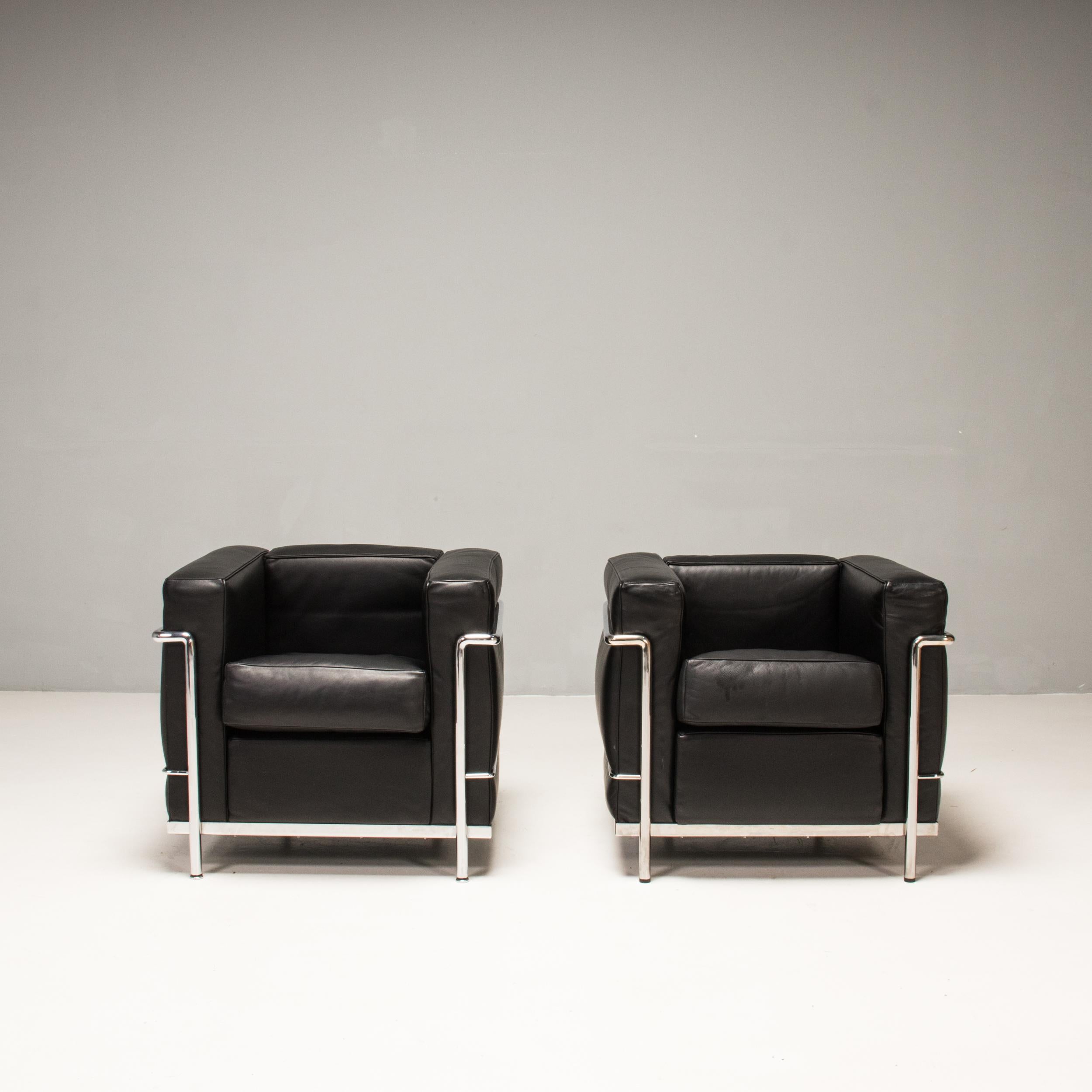 Contemporary Le Corbusier for Cassina LC2 Black Leather Armchairs, Set of 2