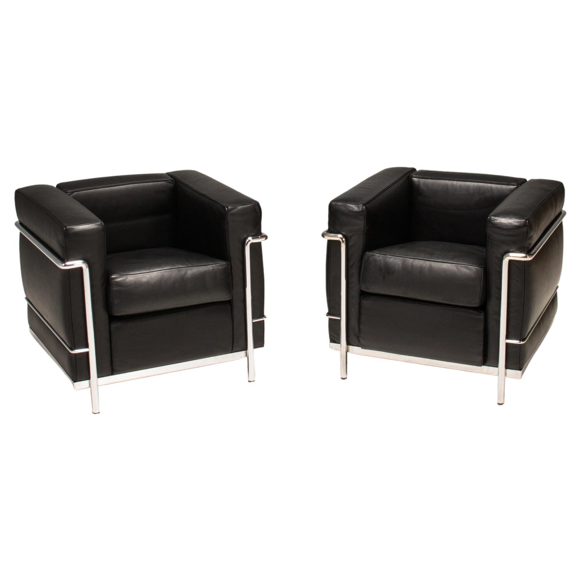 Le Corbusier for Cassina LC2 Black Leather Armchairs, Set of 2