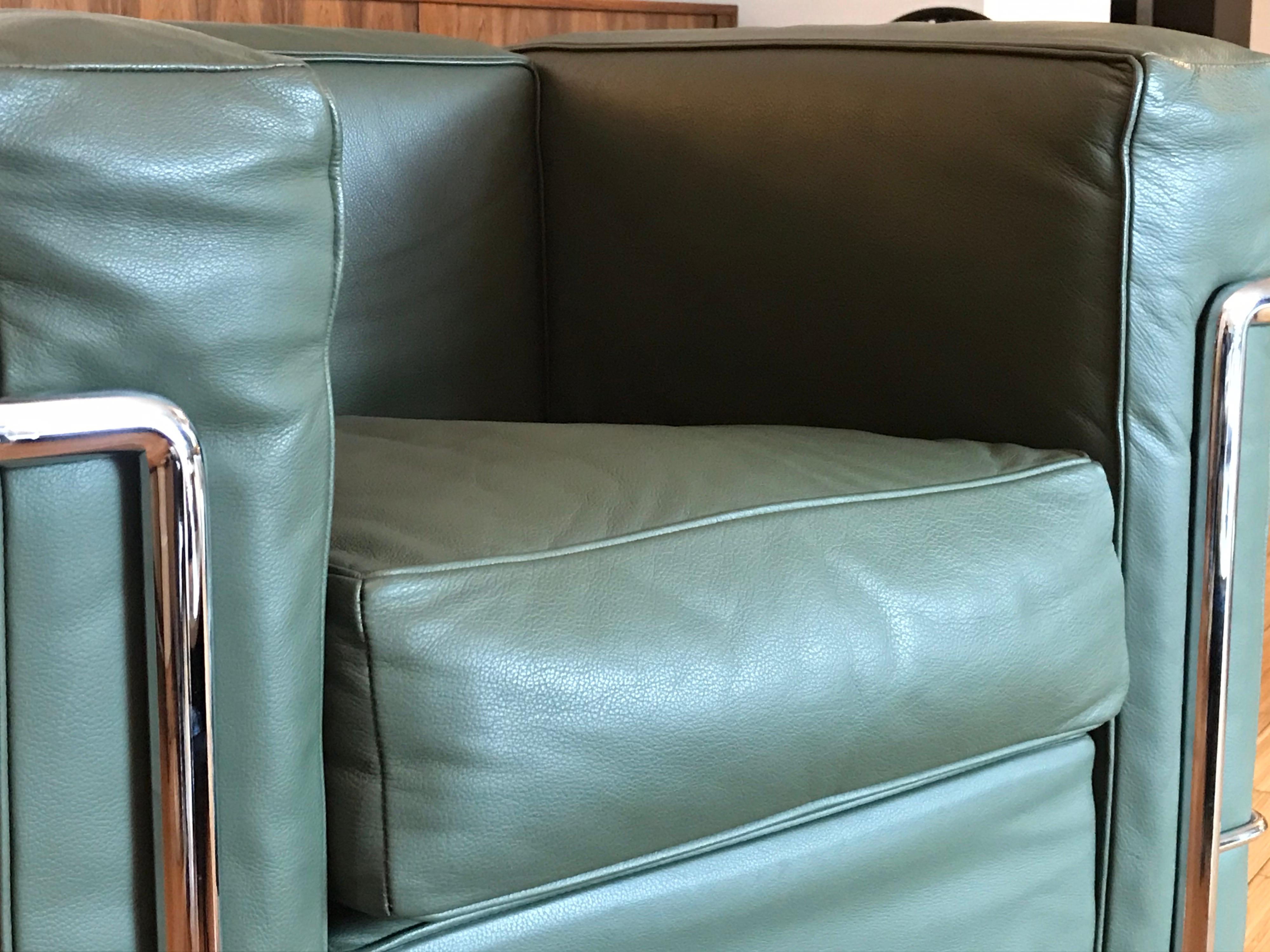 Metalwork Le Corbusier 'Grand Confort' Custom Green Leather Chair by Cassina