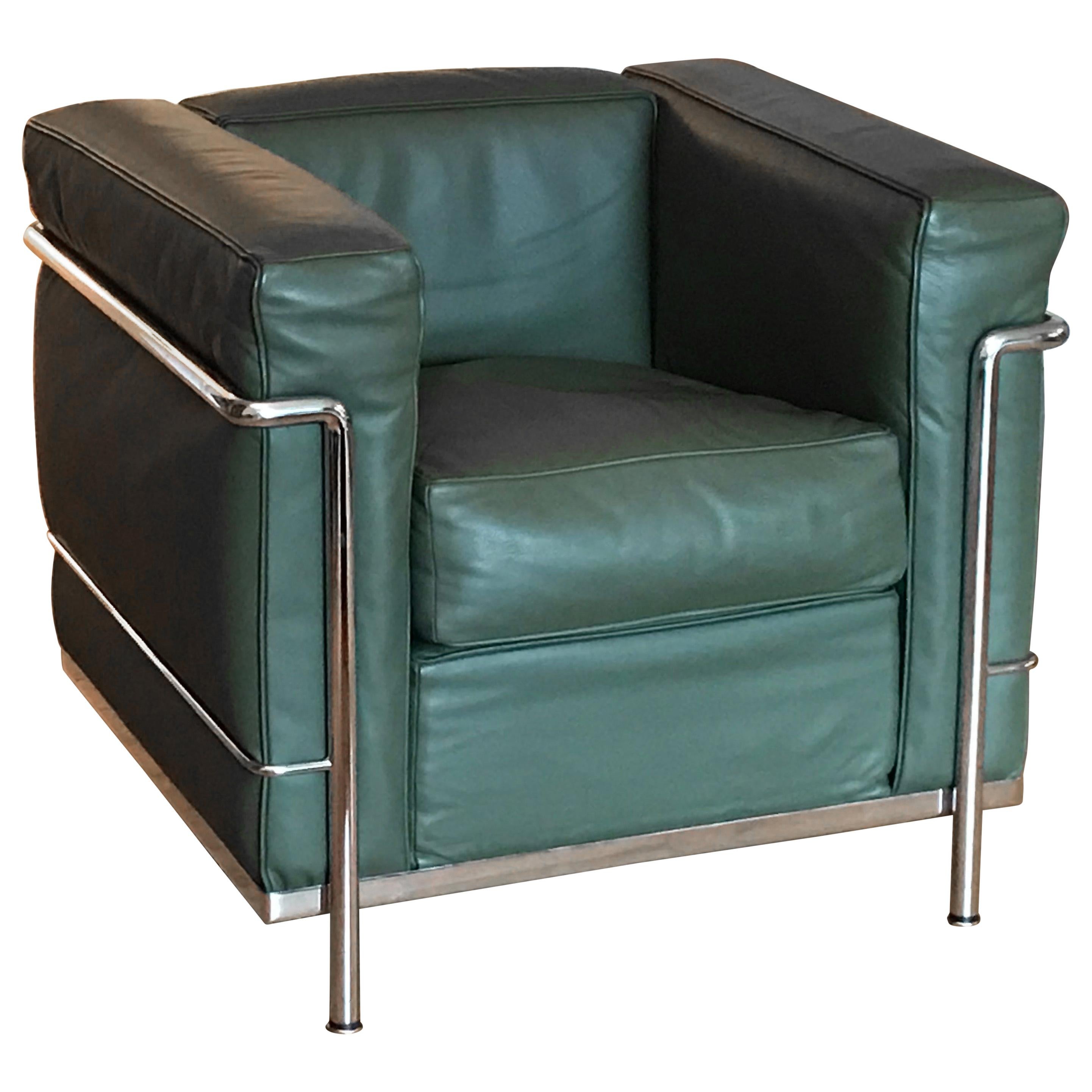 Le Corbusier 'Grand Confort' Custom Green Leather Chair by Cassina