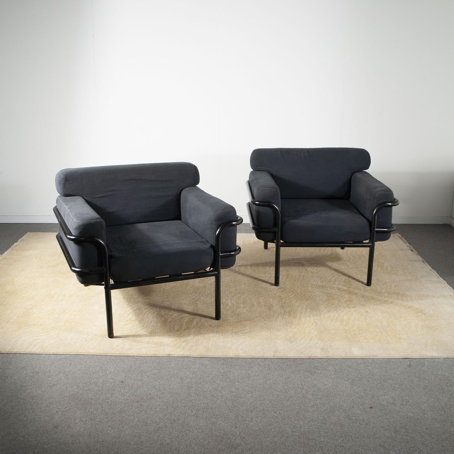 Pair of 1960s armchairs tubular metal frame and fabric seats in Le Corbusier’s LC2 style.