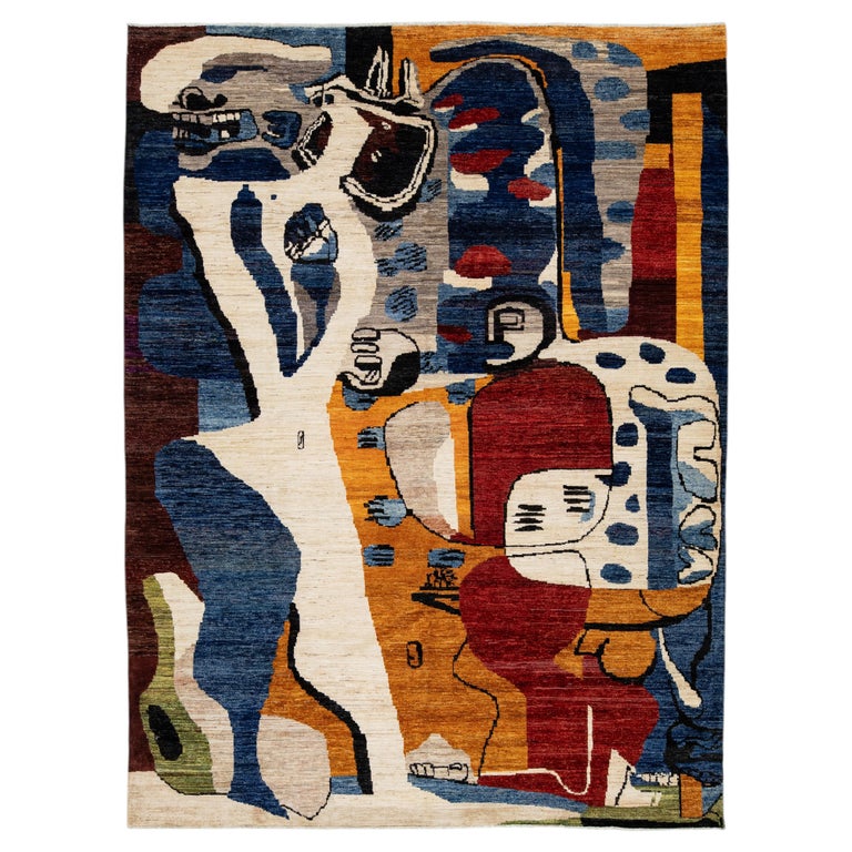 Le Corbusier Inspired Modernist Hand-Knotted Wool Statement Rug — "Les Mains"