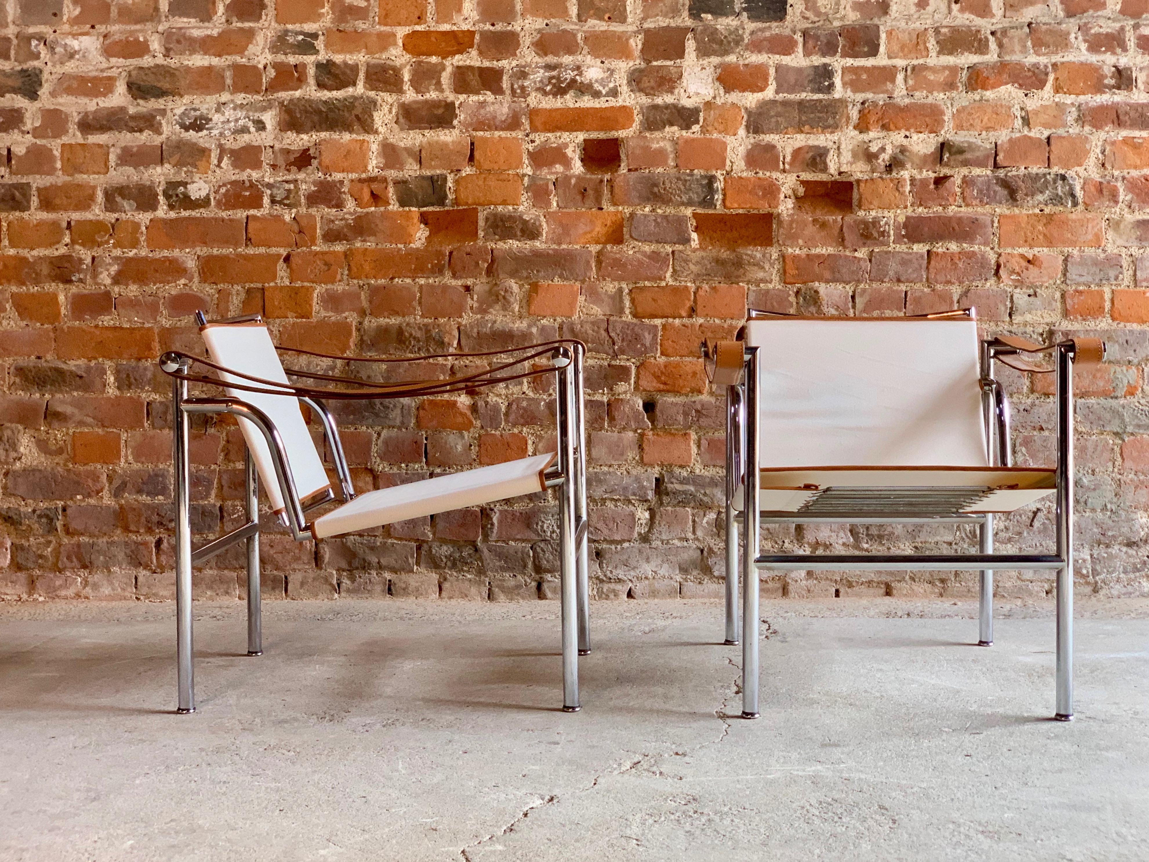 Le Corbusier LC1 Basculant chairs Charlotte Perriand and Pierre Jeanneret Cassina, circa 1970

Stunning pair of original LC1 Basculant armchairs by Le Corbusier, Pierre Jeanneret, & Charlotte Perriand Italy, circa 1970, on chrome tubular frames