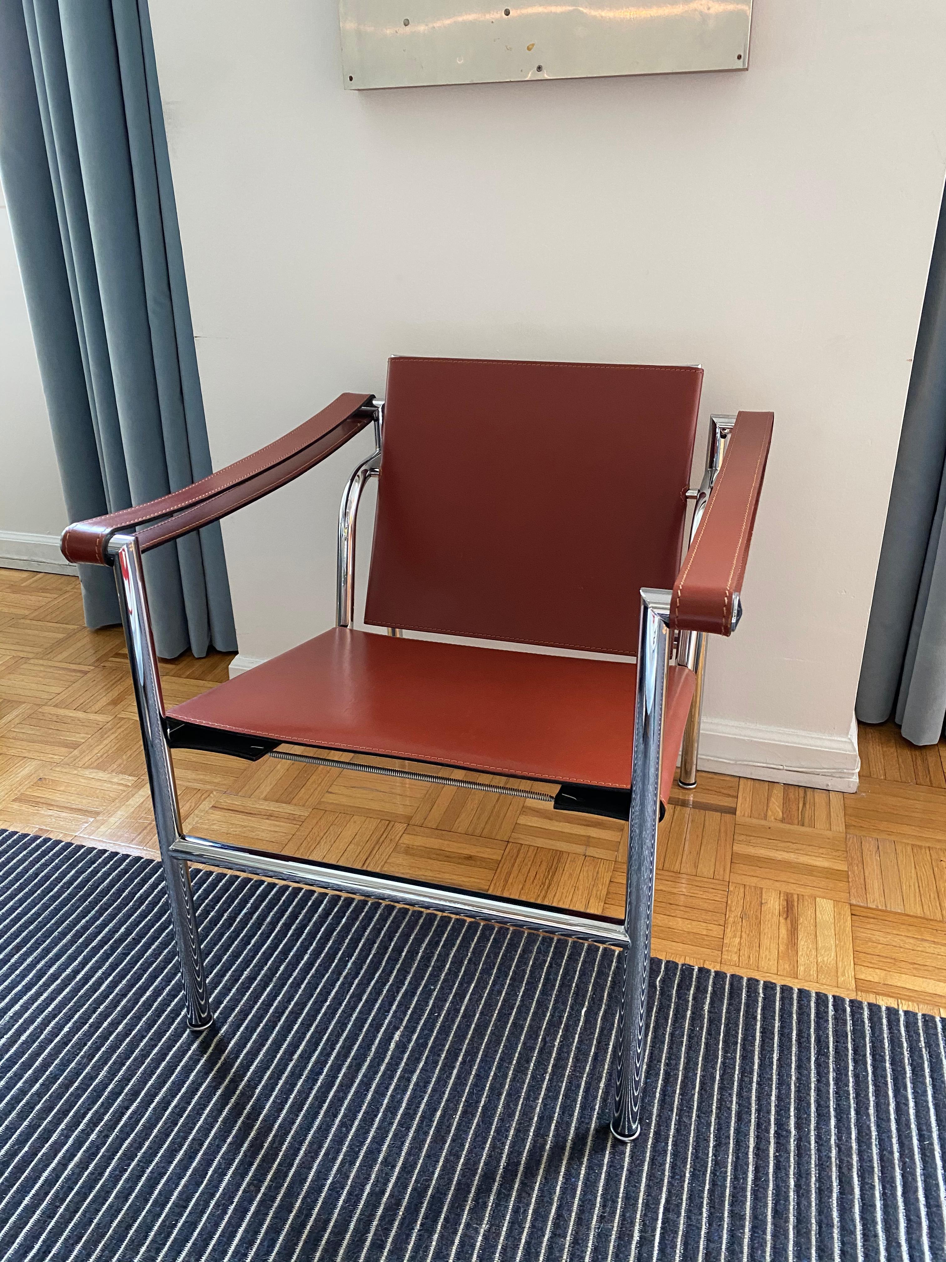 Plated Le Corbusier, LC1 Chair, Leather and Polished Chrome Steel For Sale