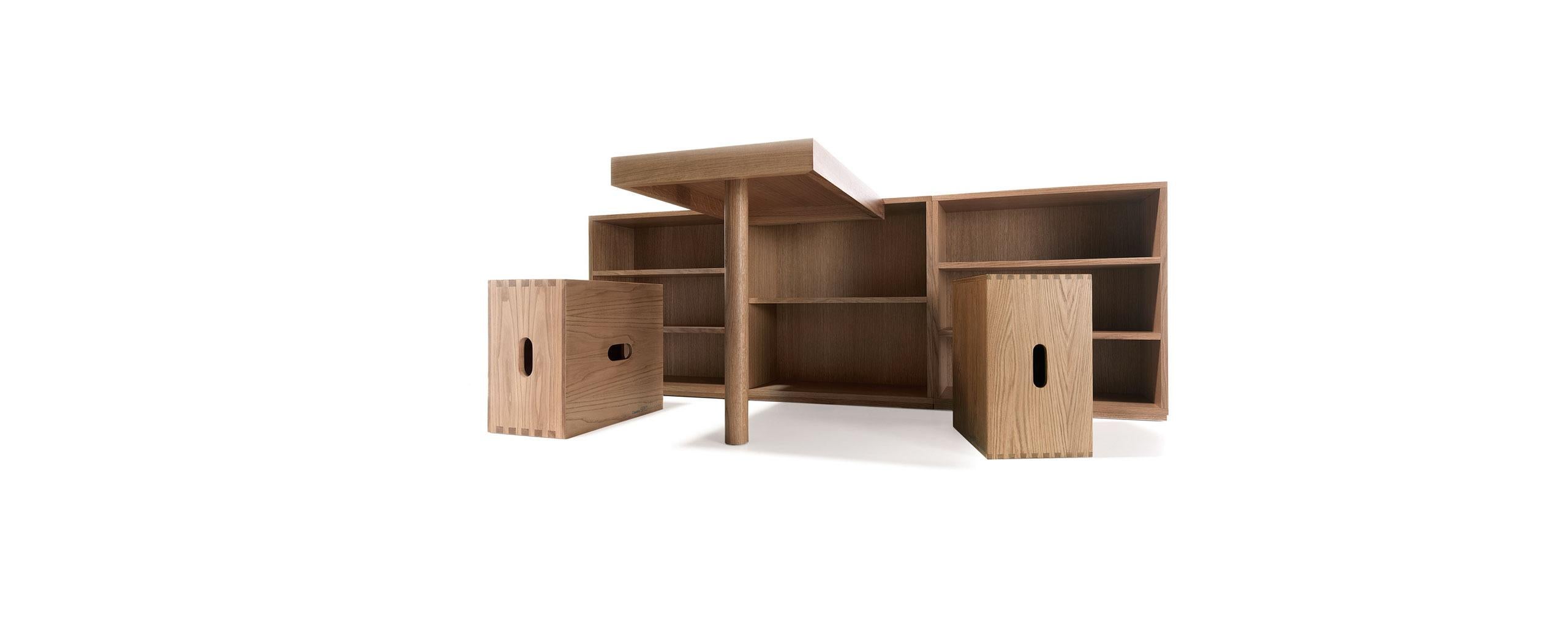 Mid-Century Modern Le Corbusier LC16 Desk and Shelve with Maison du Brésil and Cabanon Stools Set