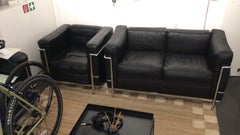 Le Corbusier LC2 Armchair + 2-Seat Sofa Set in Black Leather & Chrome