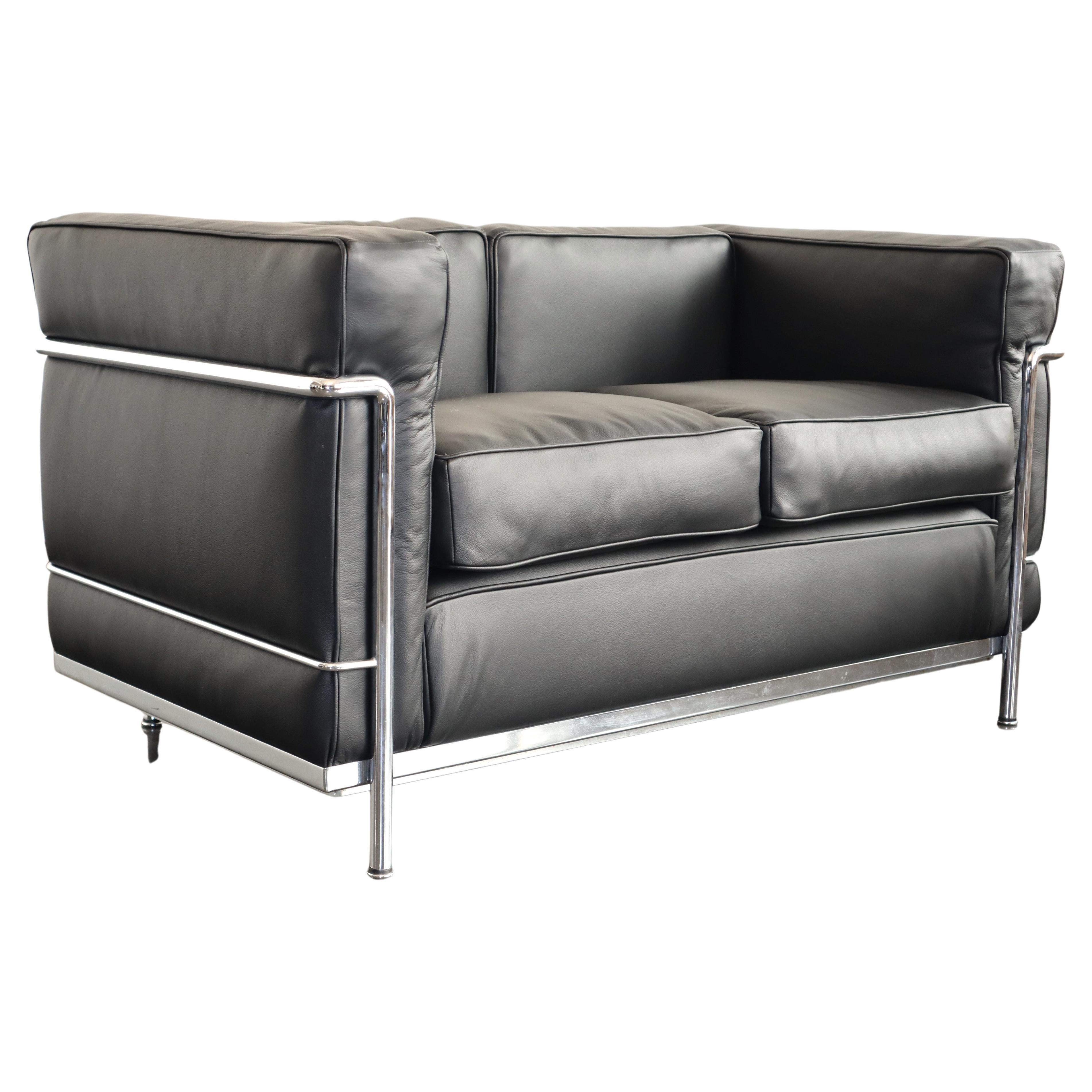 Le Corbusier LC2 Armchair + 2-Seat Sofa Set in Black Leather & Chrome