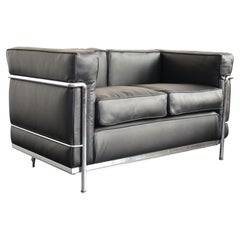 Le Corbusier LC2 Armchair + 2-Seat Sofa Set in Black Leather & Chrome