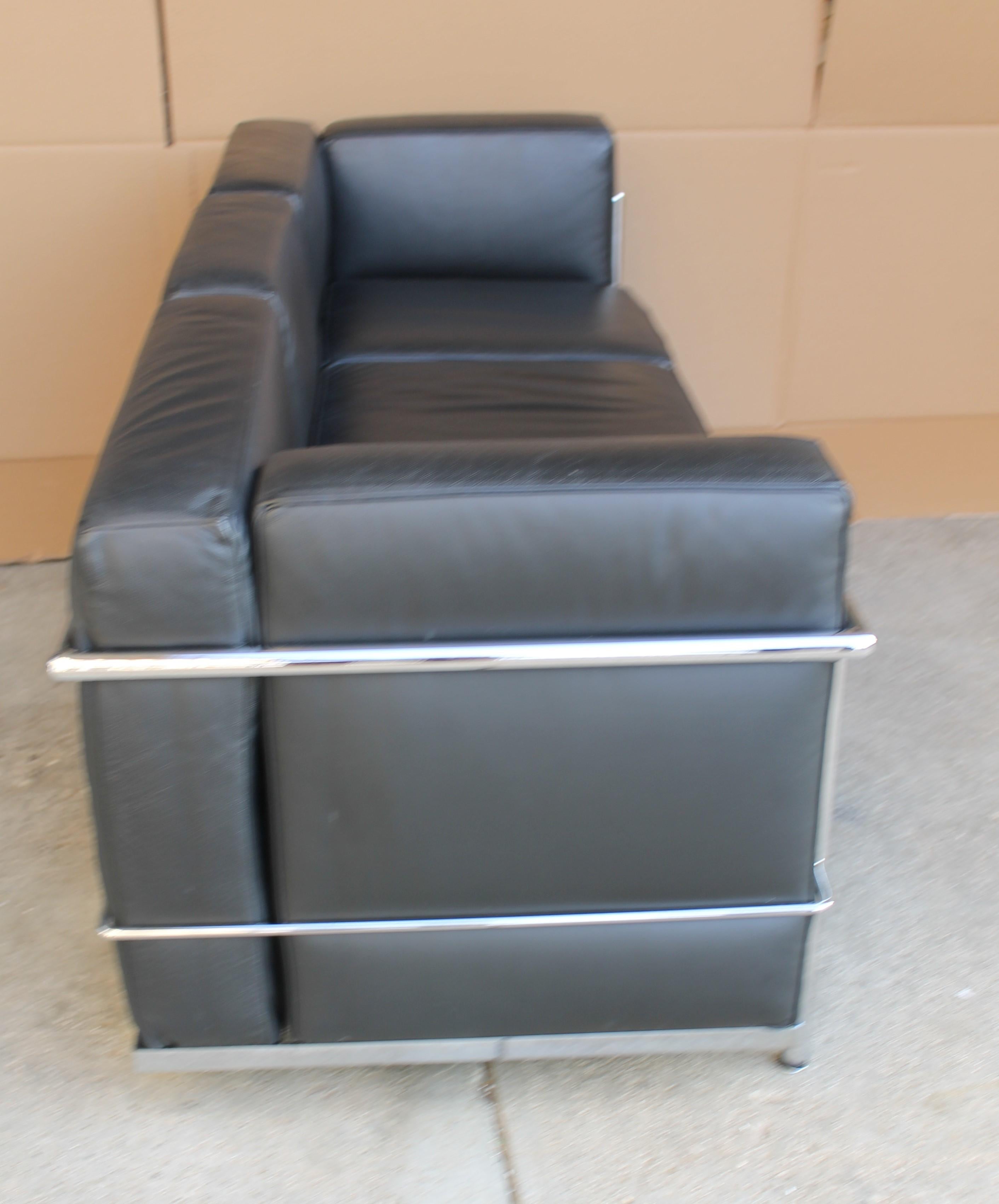 Mid-Century Modern Le Corbusier LC2 Black Leather Three-Seat Sofa for Alivar