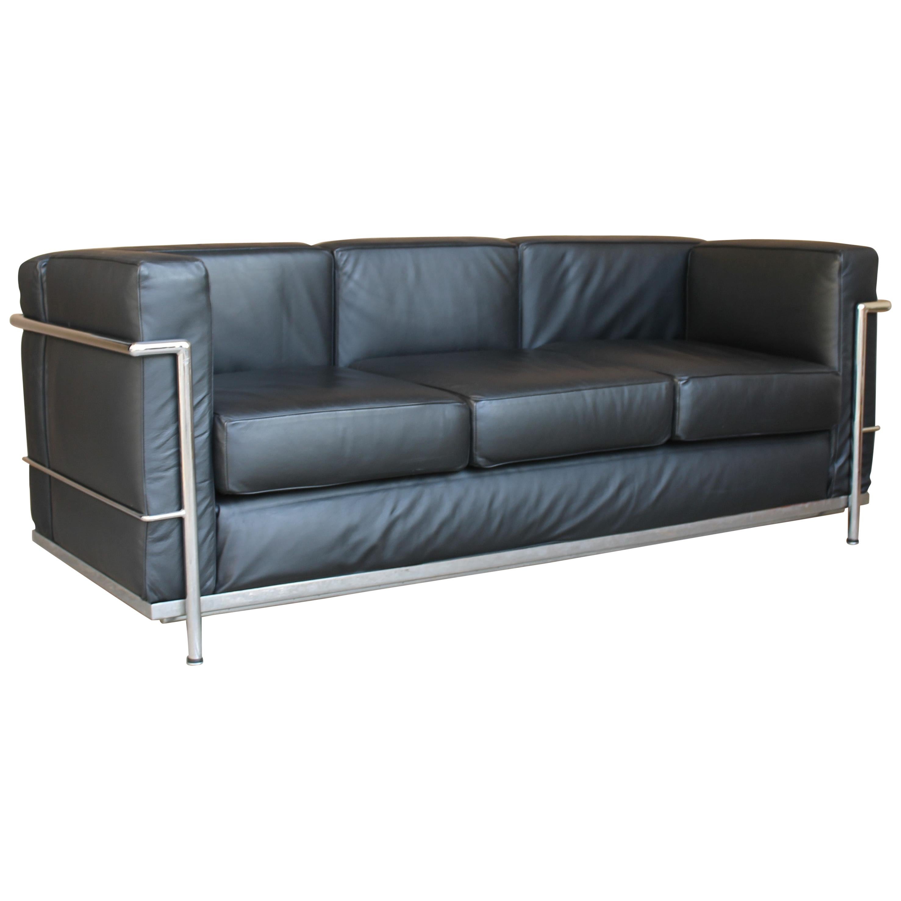 Le Corbusier LC2 Black Leather Three-Seat Sofa for Alivar
