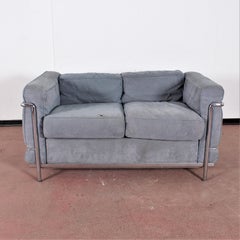 Le Corbusier LC2 by Cassina Two-Seat Gray Chamois Leather Sofa, Italia, 1970s