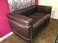 Le Corbusier LC2 Leather Two-Seat Sofa Cassina Espresso & Chrome Modern Loveseat