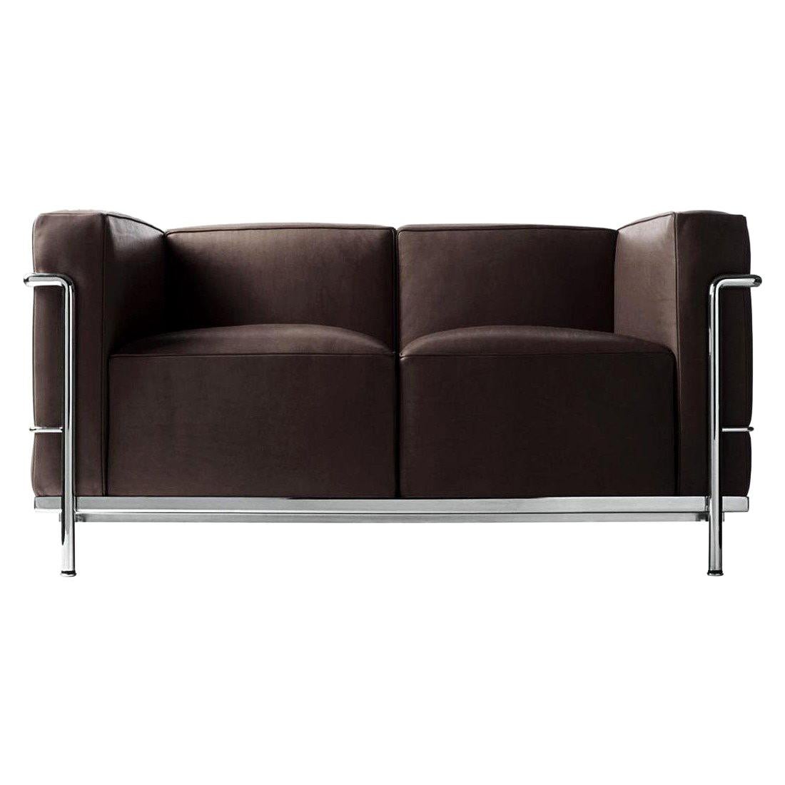Le Corbusier LC2 Leather Two-Seat Sofa Cassina Espresso & Chrome Modern Loveseat