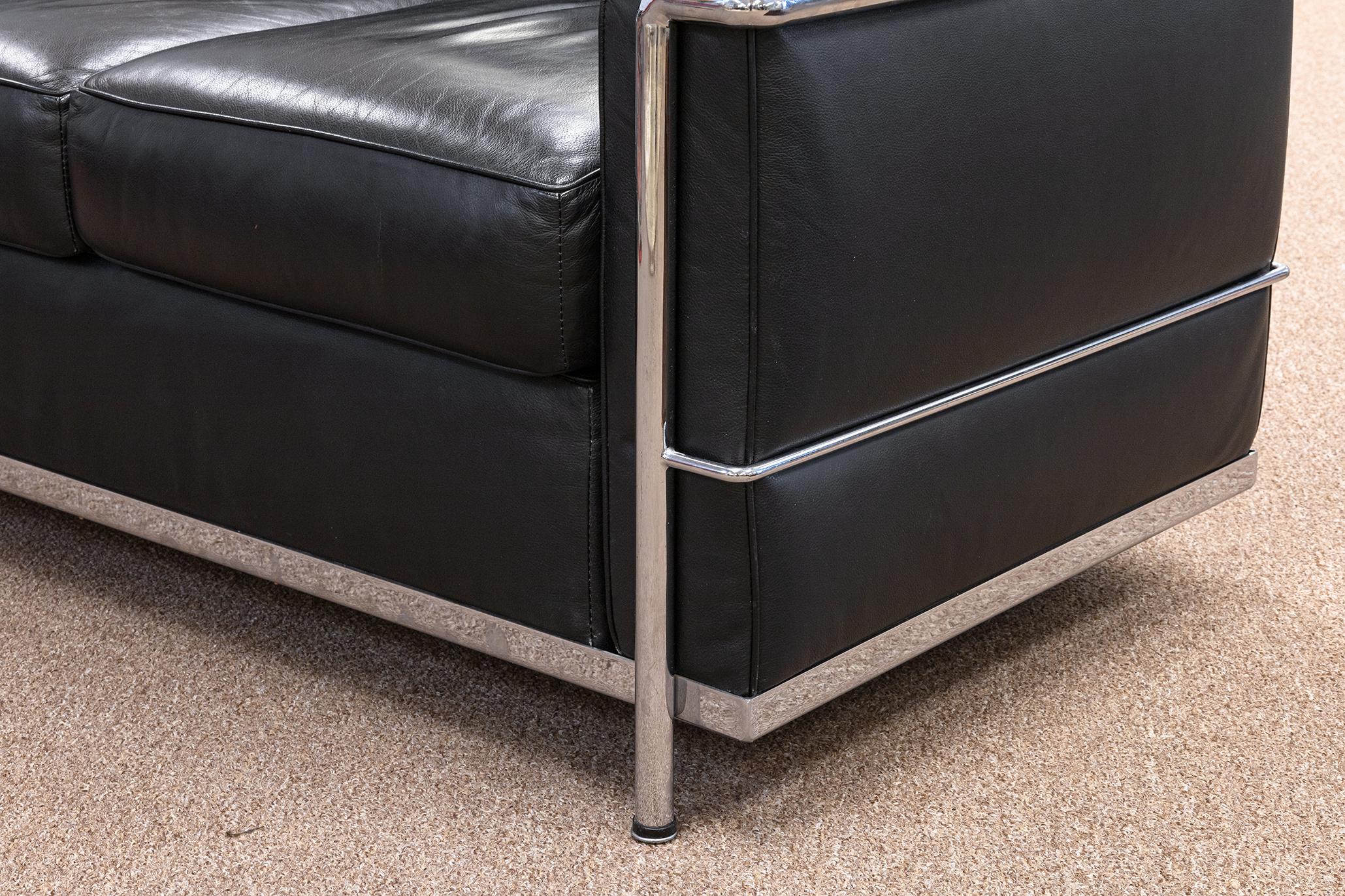 Le Corbusier LC2 Style Chrome and Black Leather Mid Century Modern Sofa 6