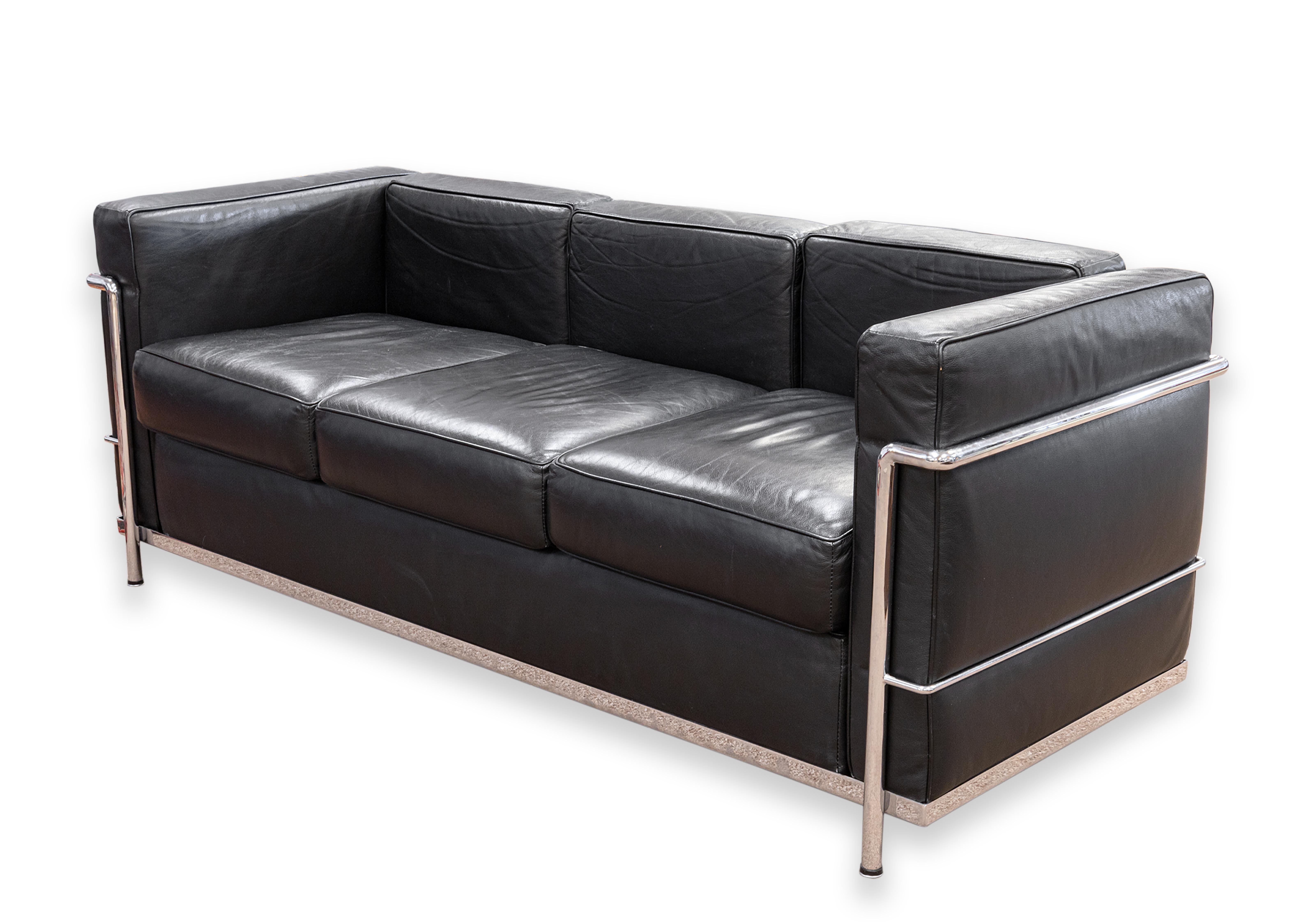 Mid-Century Modern Le Corbusier LC2 Style Chrome and Black Leather Mid Century Modern Sofa