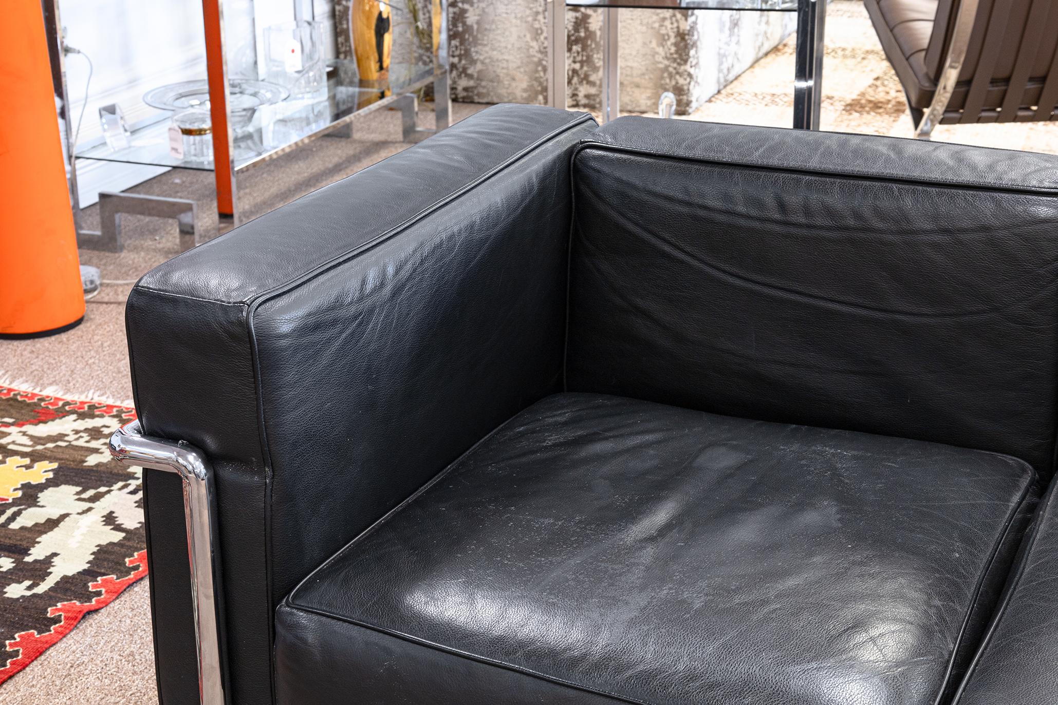 20th Century Le Corbusier LC2 Style Chrome and Black Leather Mid Century Modern Sofa